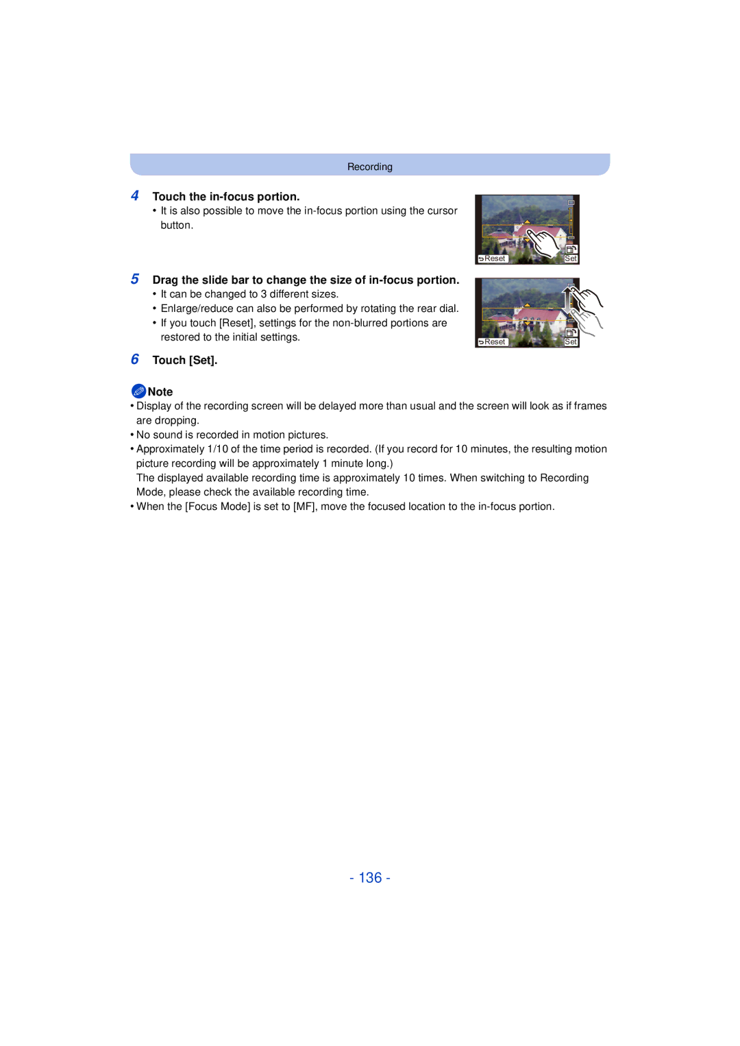 Panasonic F0612MC0, DMCG5KK 136, Touch the in-focus portion, Drag the slide bar to change the size of in-focus portion 