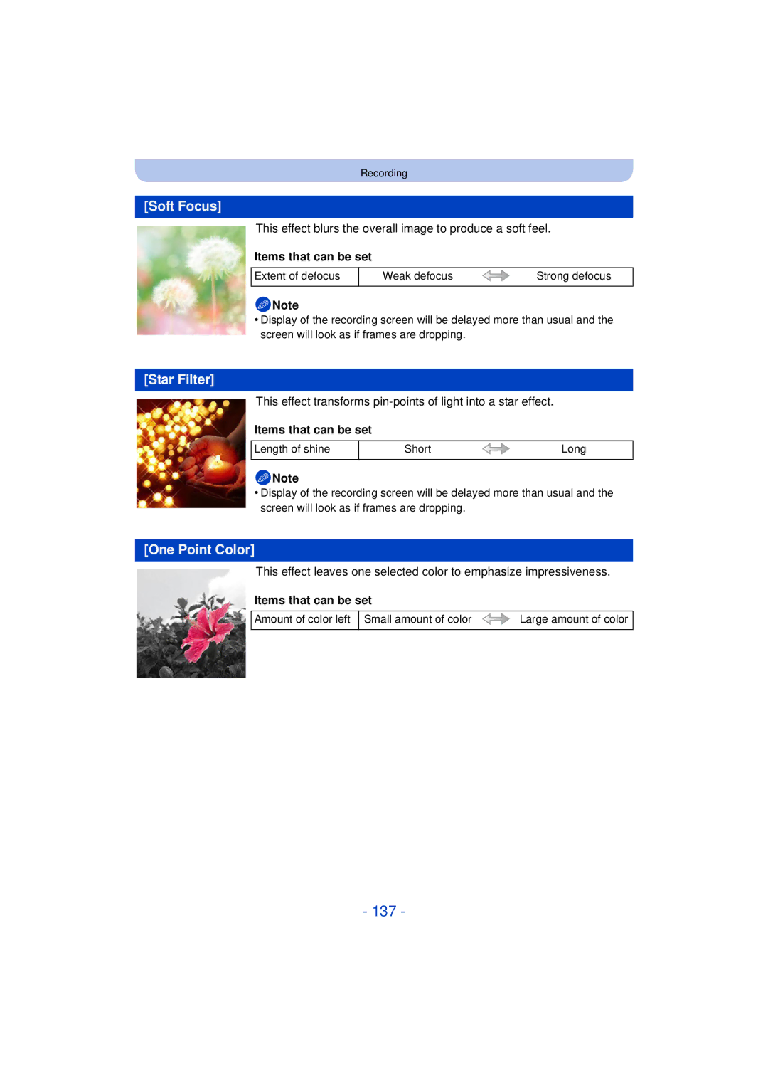 Panasonic VQT4H13, DMCG5KK, F0612MC0 owner manual 137, Soft Focus, Star Filter, One Point Color 