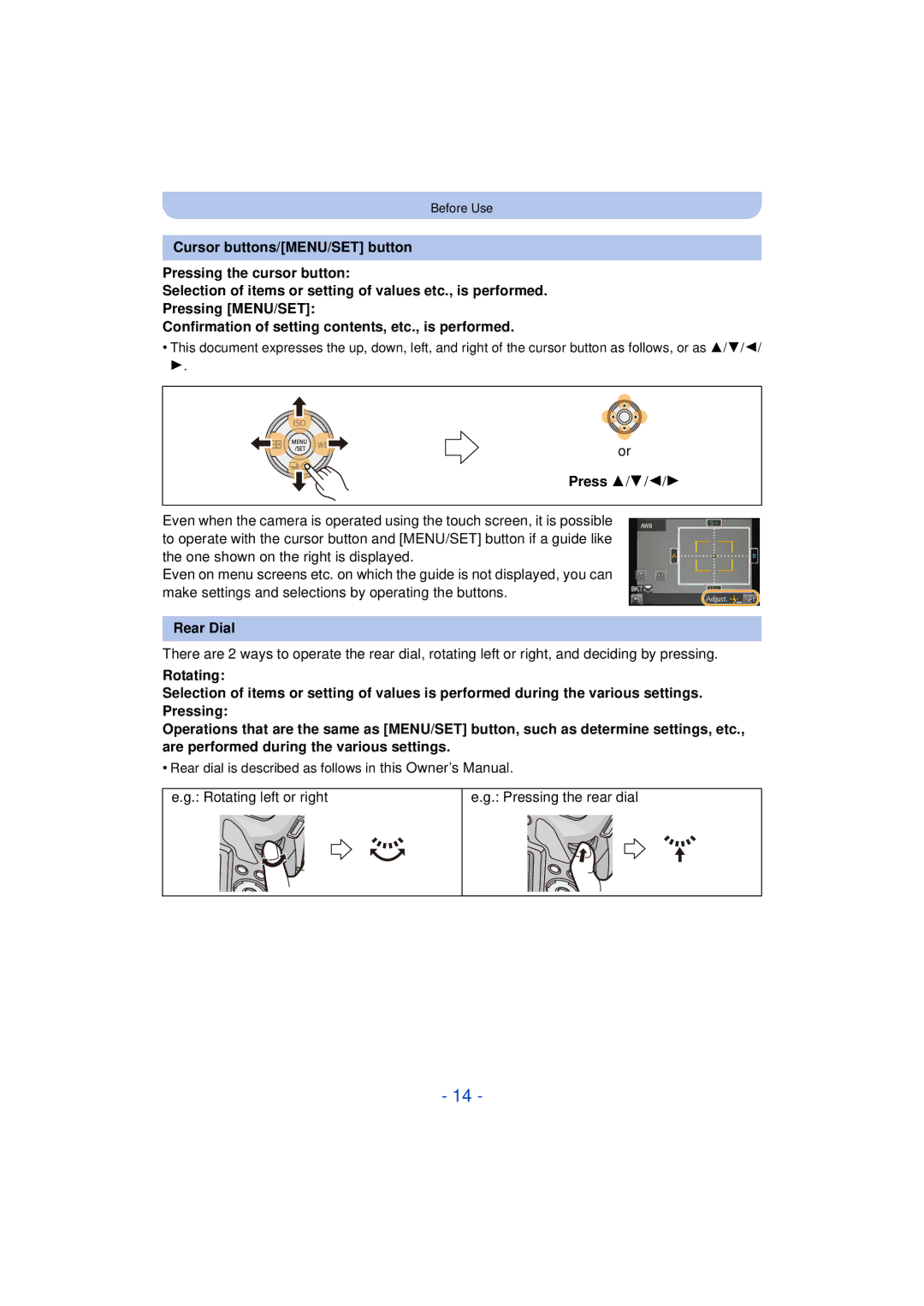 Panasonic VQT4H13, DMCG5KK, F0612MC0 owner manual Rear Dial, Rotating left or right Pressing the rear dial 