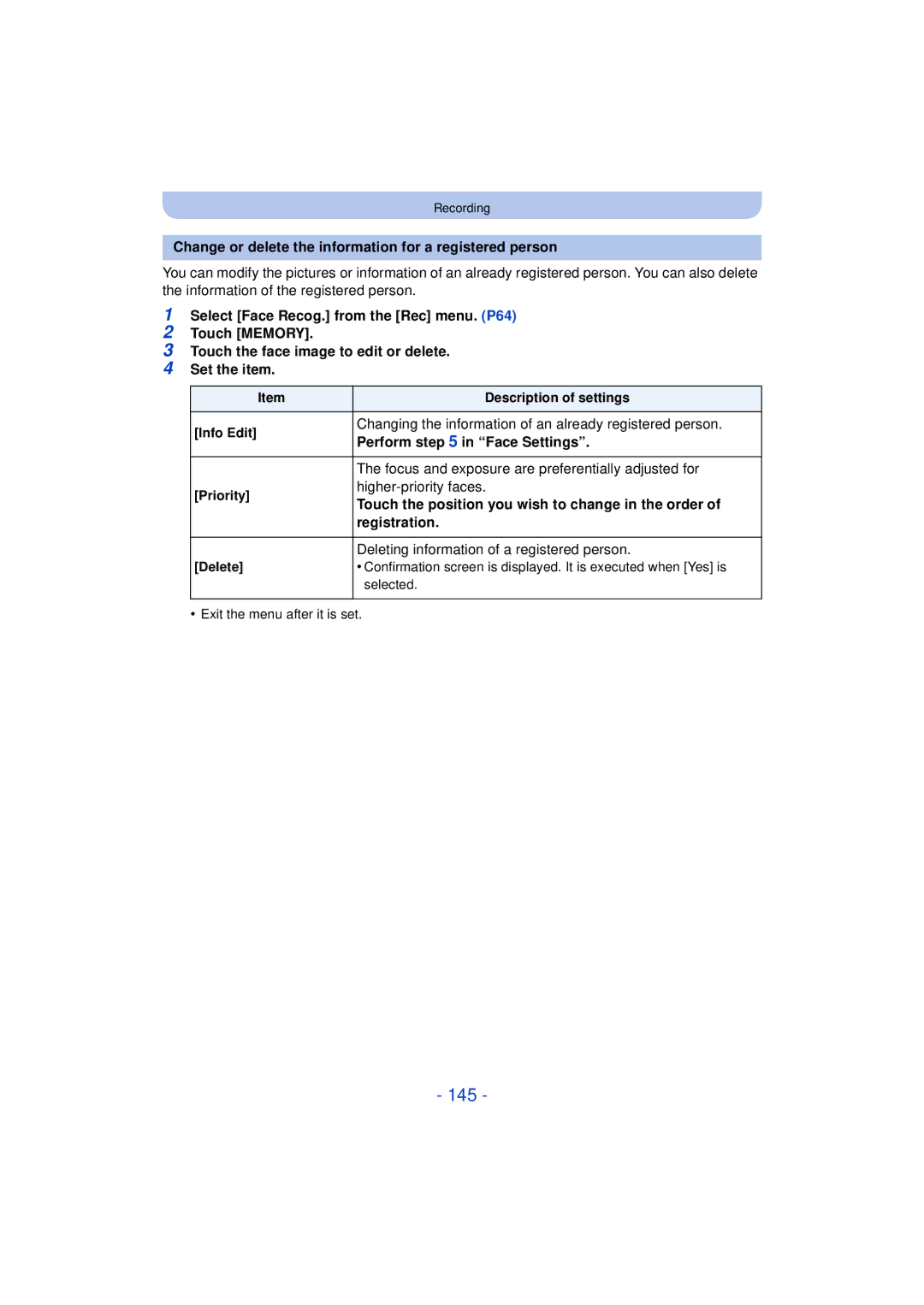 Panasonic F0612MC0 145, Change or delete the information for a registered person, Perform in Face Settings, Registration 