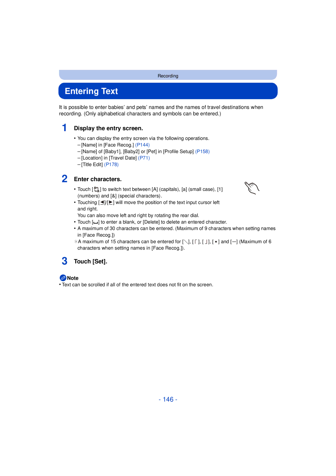 Panasonic VQT4H13, DMCG5KK, F0612MC0 owner manual Entering Text, 146, Display the entry screen, Enter characters 