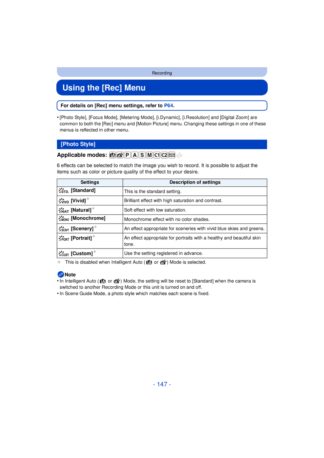 Panasonic DMCG5KK, F0612MC0, VQT4H13 owner manual Using the Rec Menu, 147, Photo Style 