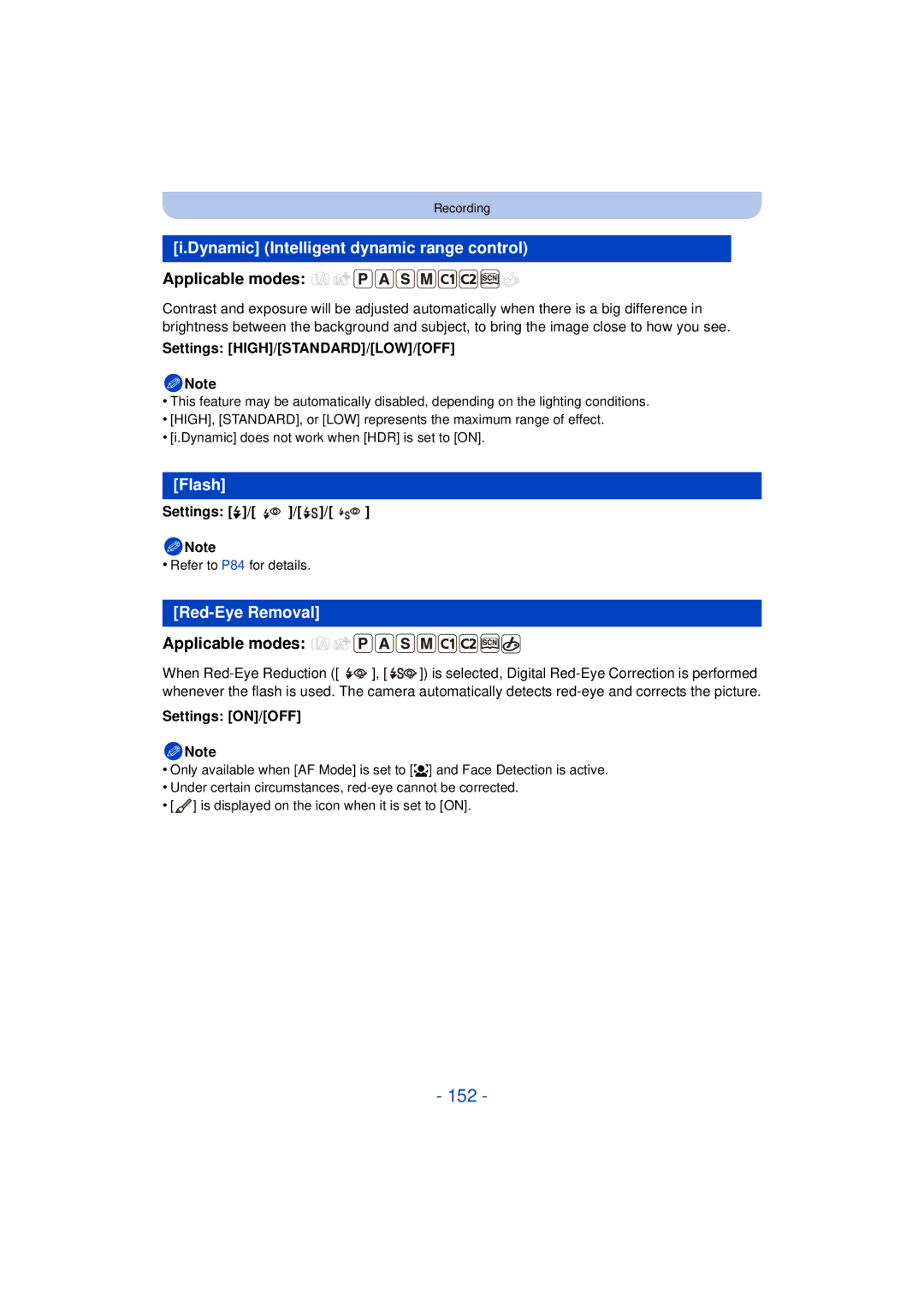 Panasonic VQT4H13, DMCG5KK, F0612MC0 owner manual 152, Dynamic Intelligent dynamic range control, Flash, Red-Eye Removal 