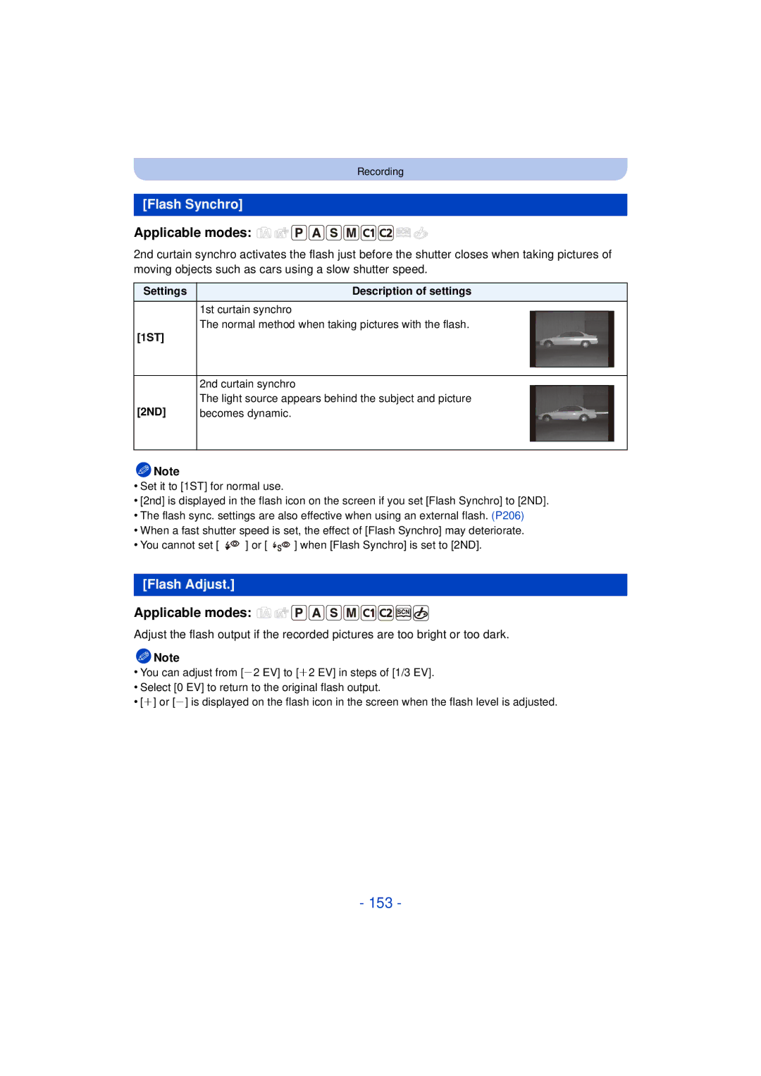 Panasonic DMCG5KK, F0612MC0, VQT4H13 owner manual 153, Flash Synchro, Flash Adjust, 1ST, 2ND 