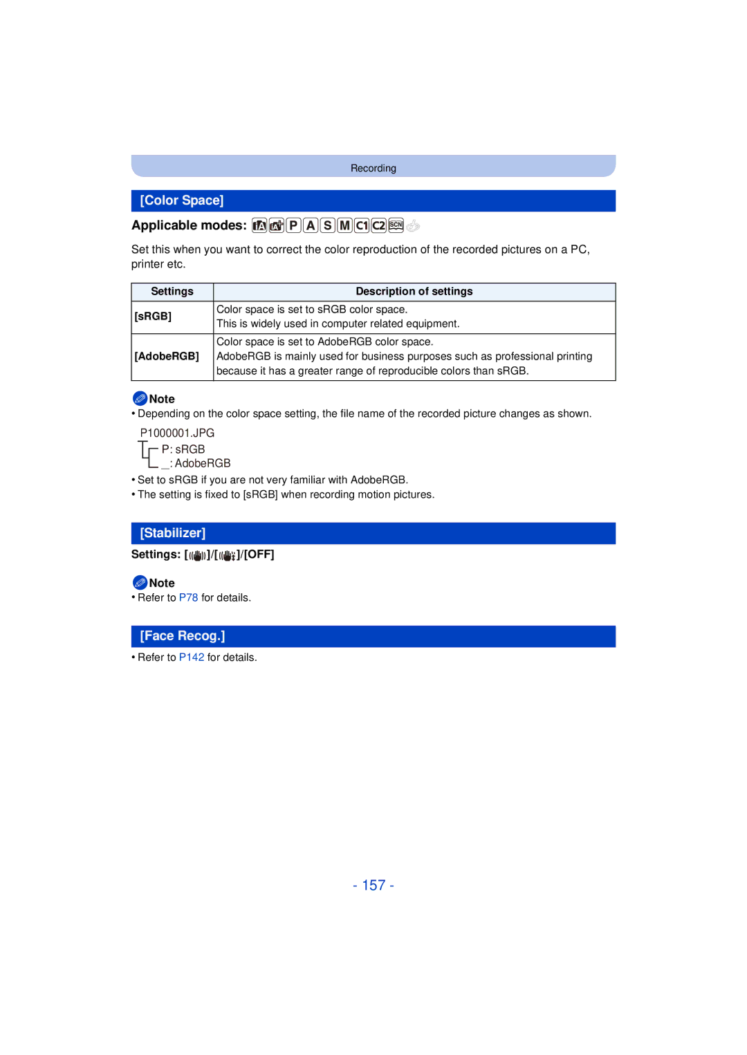 Panasonic F0612MC0, DMCG5KK, VQT4H13 owner manual 157, Color Space, Stabilizer, Face Recog, Settings / /OFF 