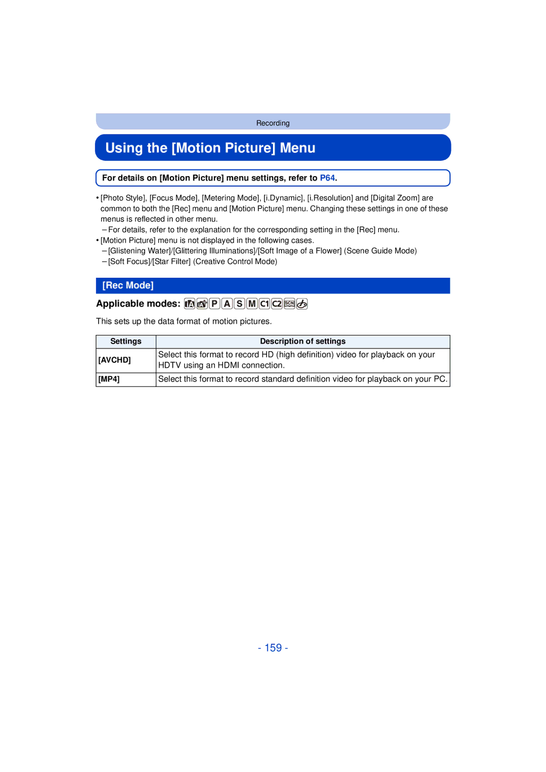 Panasonic DMCG5KK Using the Motion Picture Menu, 159, Rec Mode, For details on Motion Picture menu settings, refer to P64 