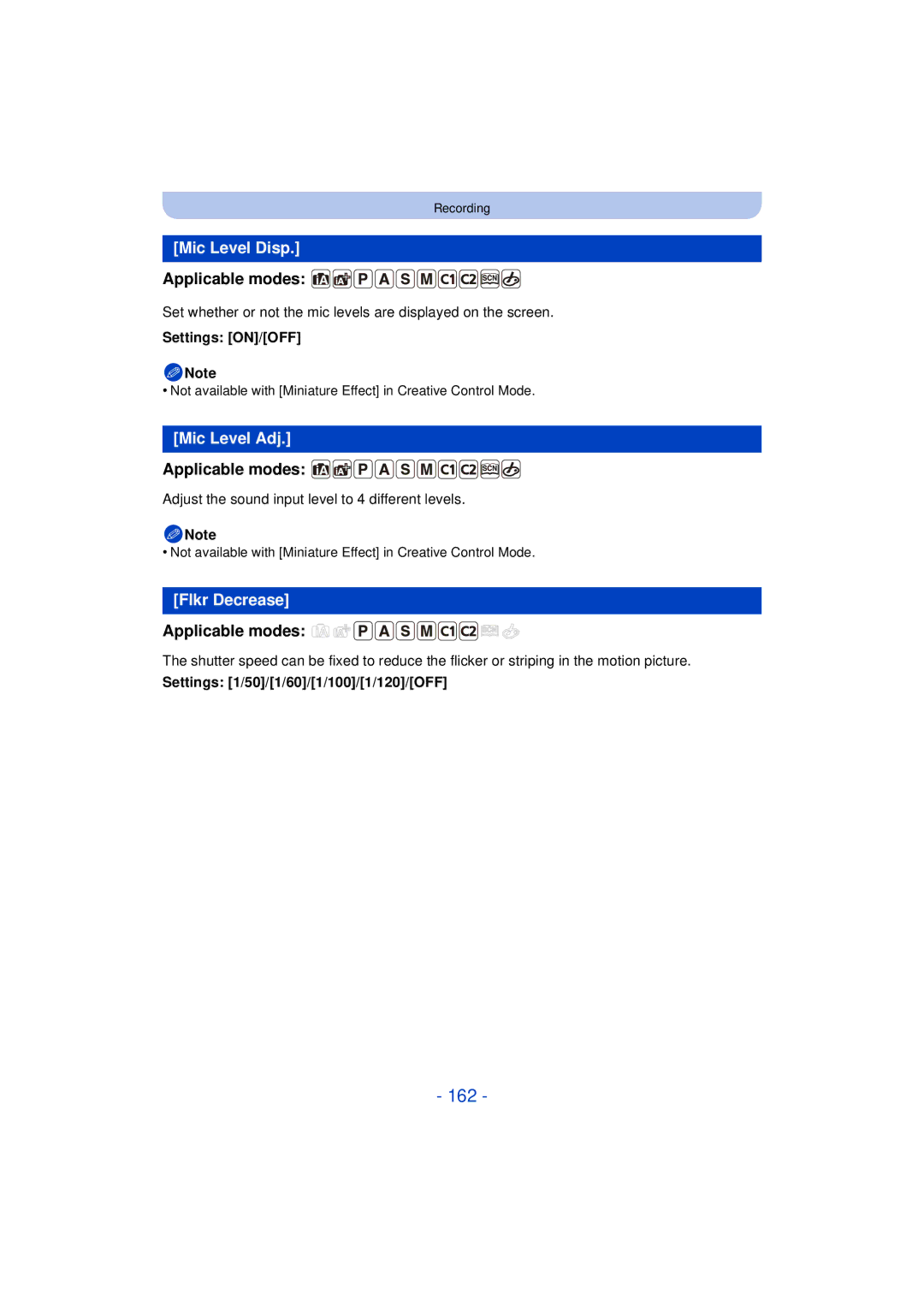 Panasonic DMCG5KK, F0612MC0, VQT4H13 162, Mic Level Disp, Mic Level Adj, Flkr Decrease, Settings 1/50/1/60/1/100/1/120/OFF 