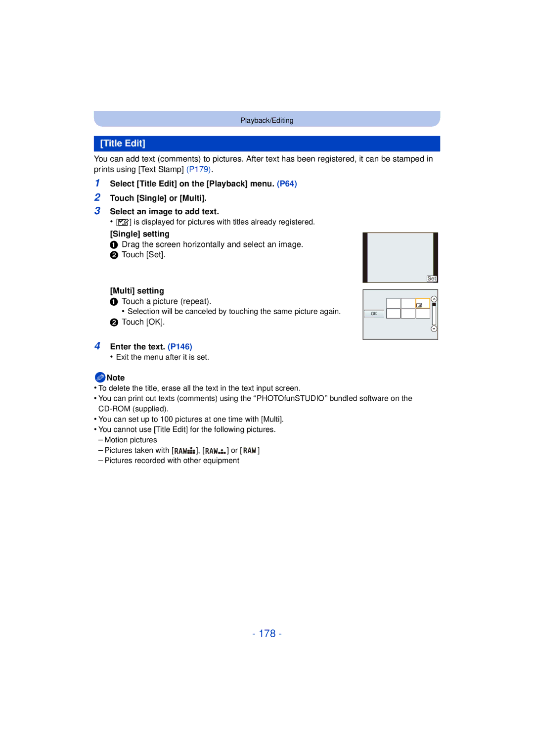 Panasonic F0612MC0, DMCG5KK, VQT4H13 owner manual 178, Title Edit, Single setting, Multi setting, Enter the text. P146 