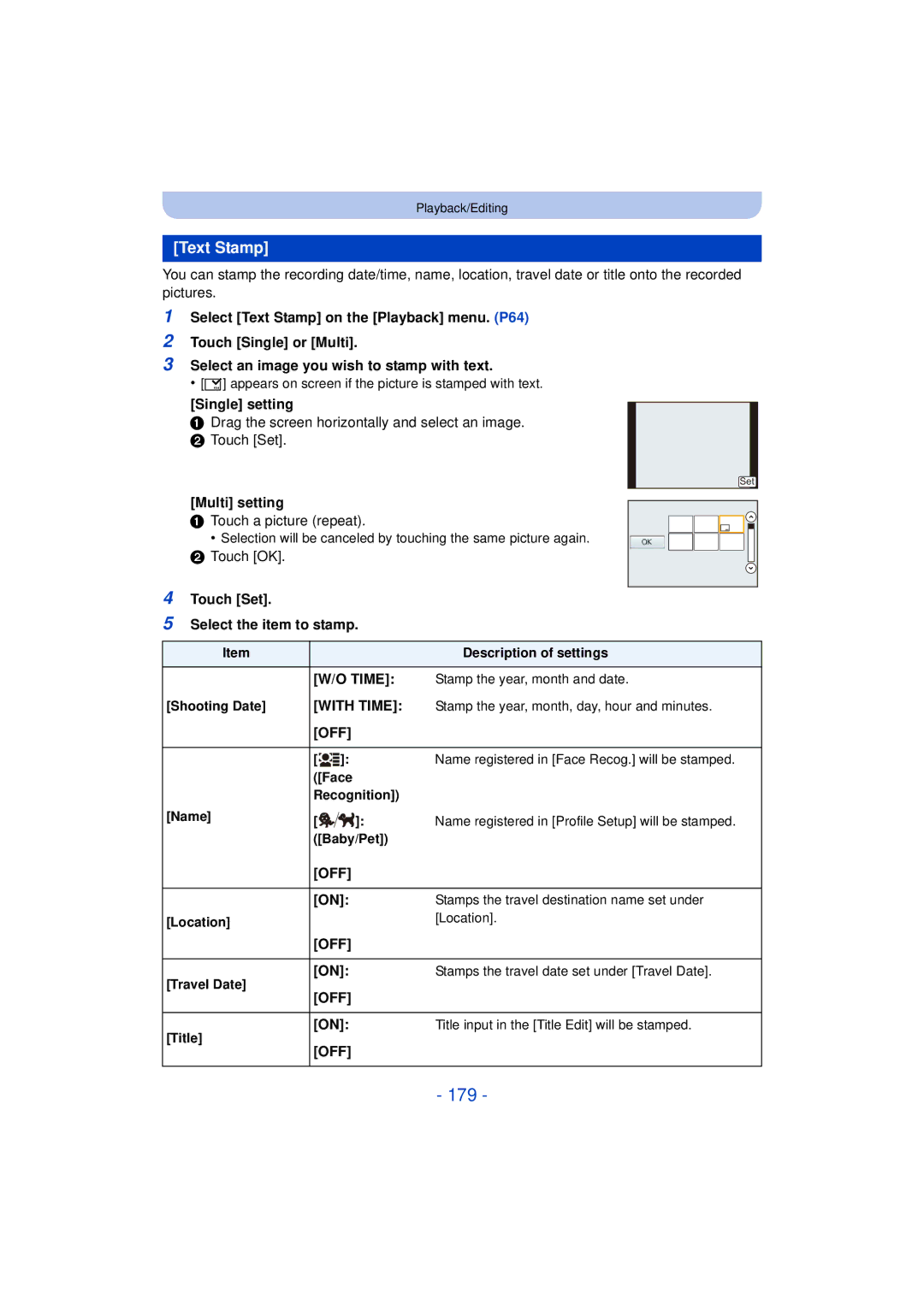 Panasonic VQT4H13, DMCG5KK, F0612MC0 owner manual 179, Text Stamp, Touch Set Select the item to stamp 