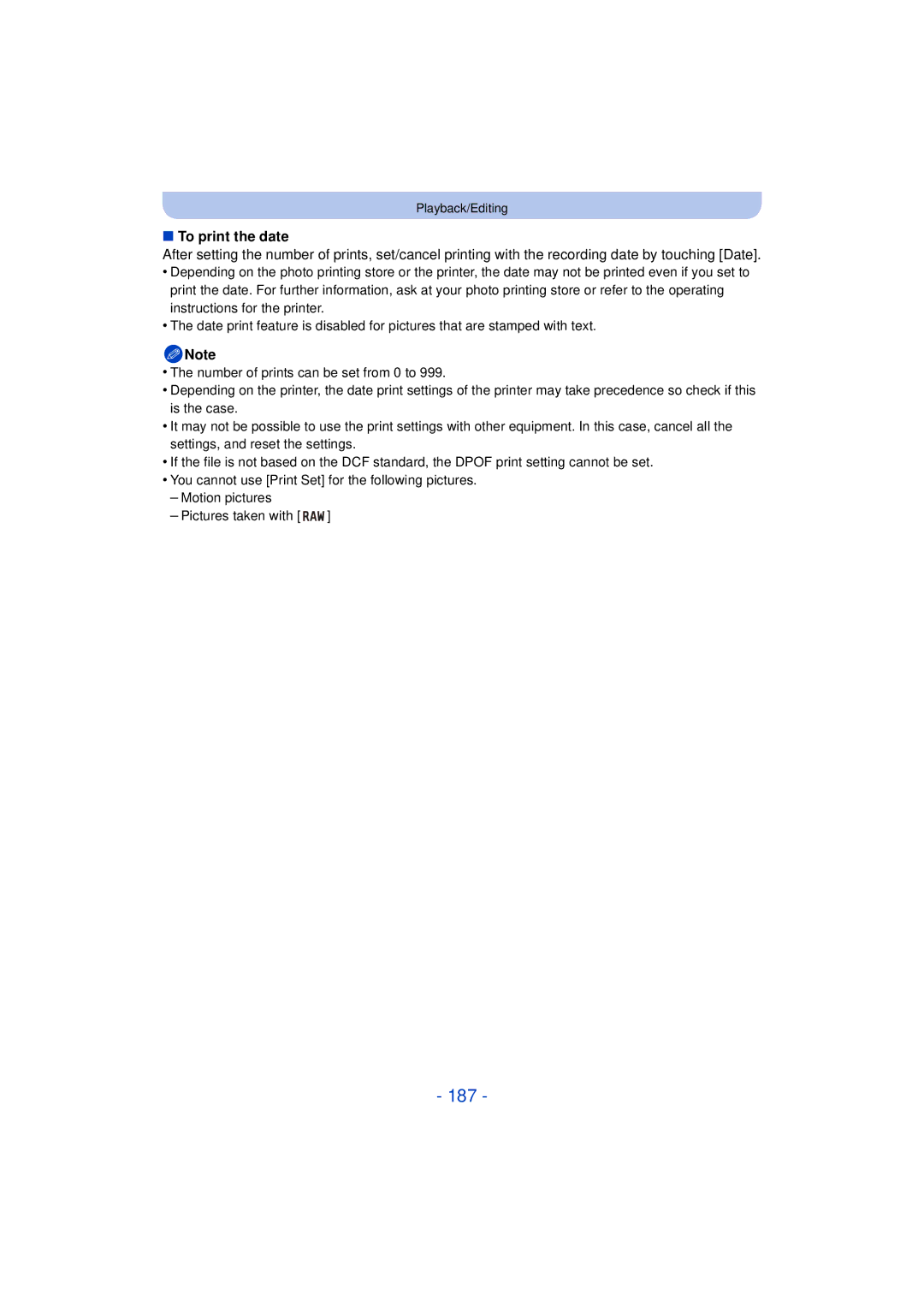 Panasonic F0612MC0, DMCG5KK, VQT4H13 owner manual 187, To print the date 