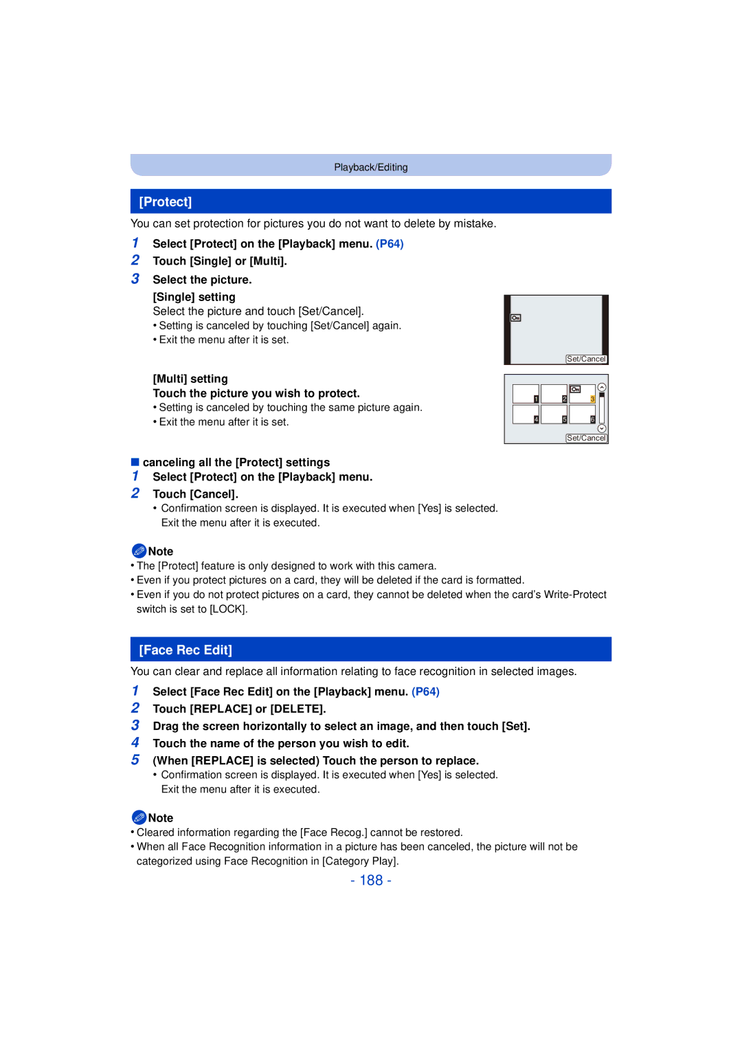 Panasonic VQT4H13, DMCG5KK, F0612MC0 188, Protect, Face Rec Edit, Multi setting Touch the picture you wish to protect 