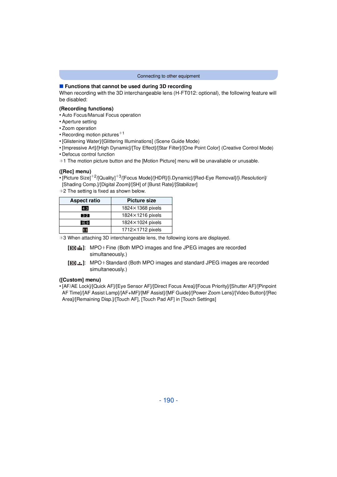 Panasonic F0612MC0, DMCG5KK, VQT4H13 190, Functions that cannot be used during 3D recording, Recording functions, Rec menu 