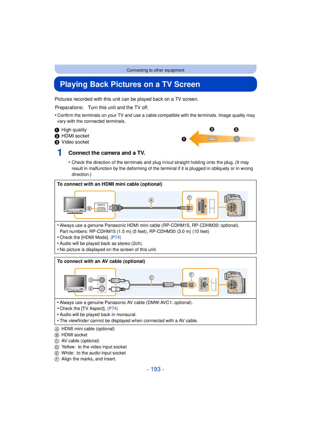 Panasonic F0612MC0, DMCG5KK, VQT4H13 owner manual Playing Back Pictures on a TV Screen, 193, Connect the camera and a TV 