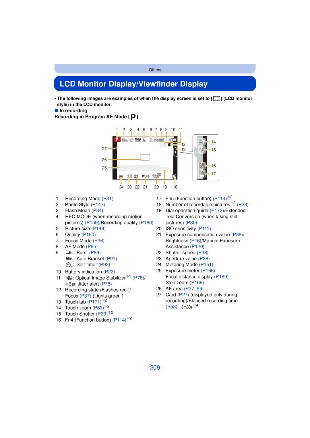 Panasonic VQT4H13, DMCG5KK, F0612MC0 LCD Monitor Display/Viewfinder Display, 209, Recording Recording in Program AE Mode 