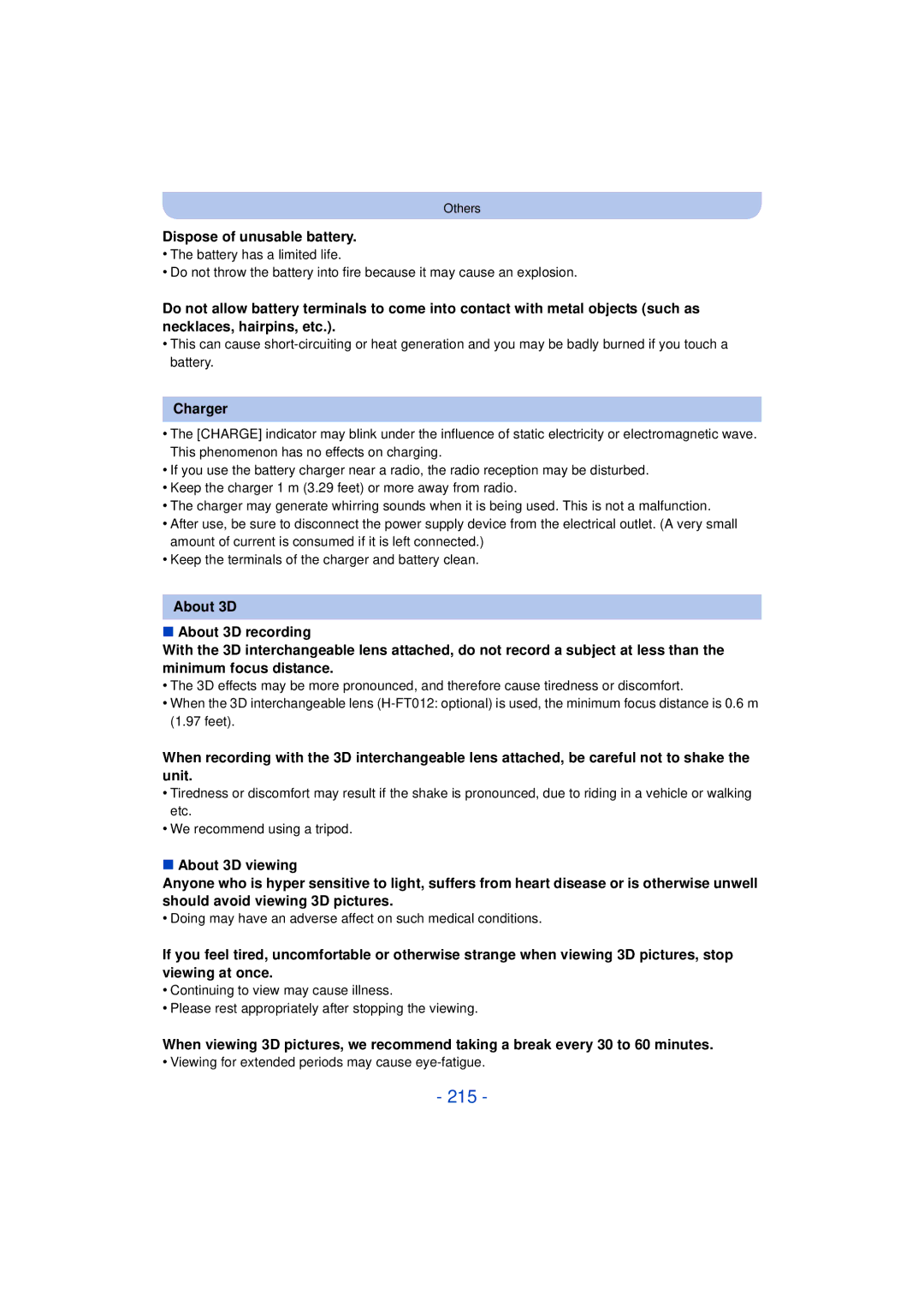 Panasonic VQT4H13, DMCG5KK, F0612MC0 owner manual 215, Dispose of unusable battery, Charger 