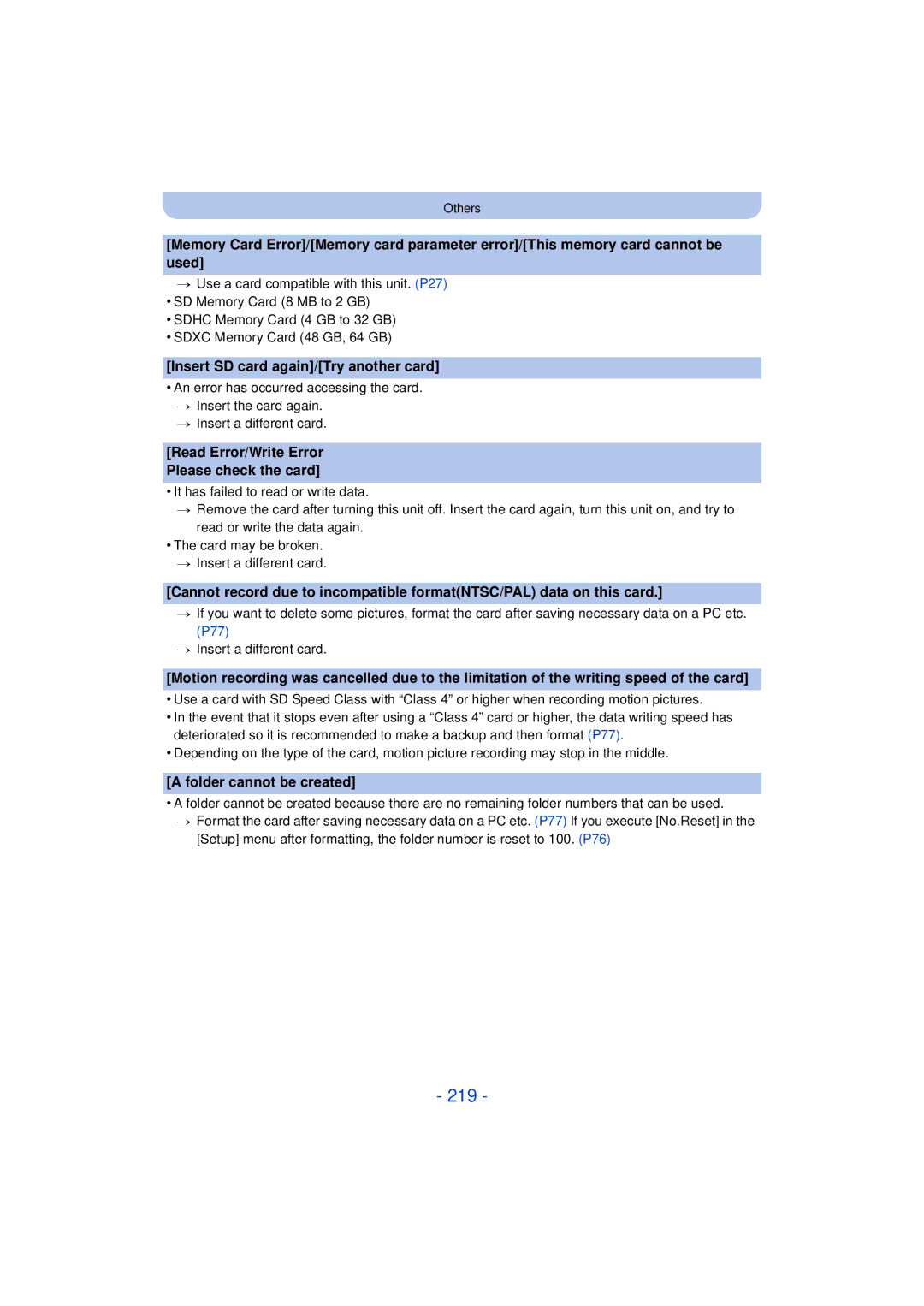 Panasonic DMCG5KK, F0612MC0, VQT4H13 owner manual 219, Insert SD card again/Try another card, Folder cannot be created 
