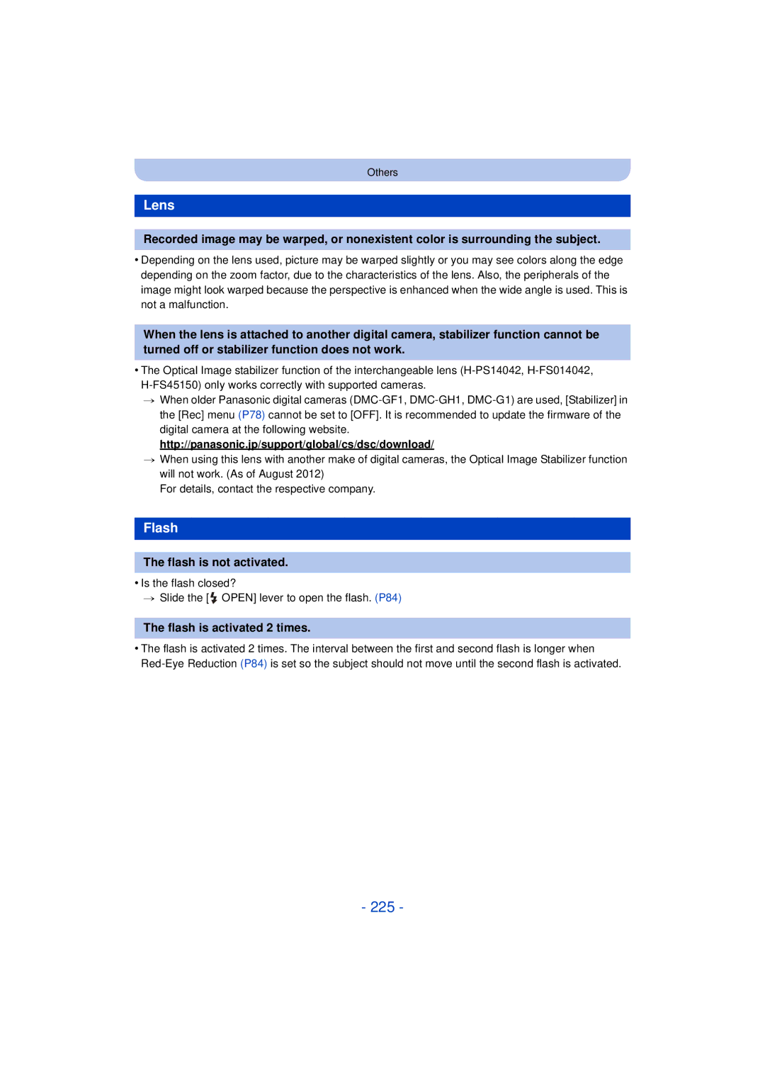 Panasonic DMCG5KK, F0612MC0, VQT4H13 owner manual 225, Lens, Flash is not activated, Flash is activated 2 times 