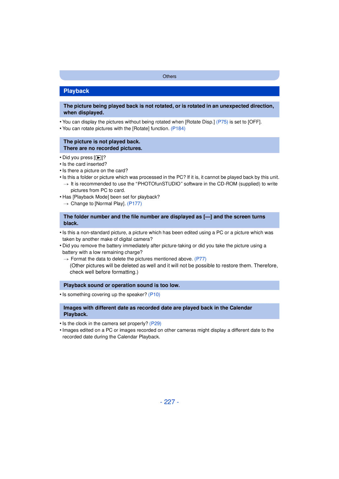 Panasonic VQT4H13, DMCG5KK, F0612MC0 owner manual 227, Playback, Picture is not played back There are no recorded pictures 