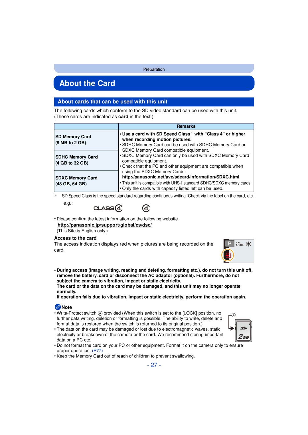 Panasonic DMCG5KK, F0612MC0, VQT4H13 About the Card, About cards that can be used with this unit, Access to the card 