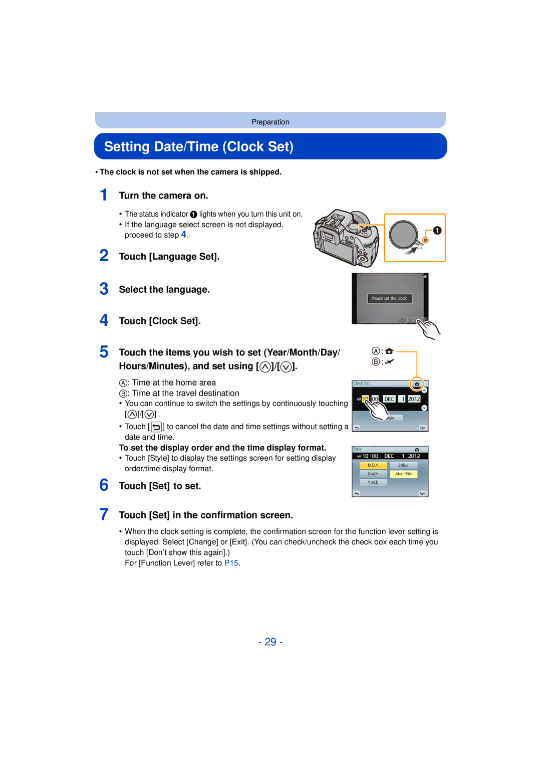 Panasonic VQT4H13, DMCG5KK, F0612MC0 owner manual Setting Date/Time Clock Set 