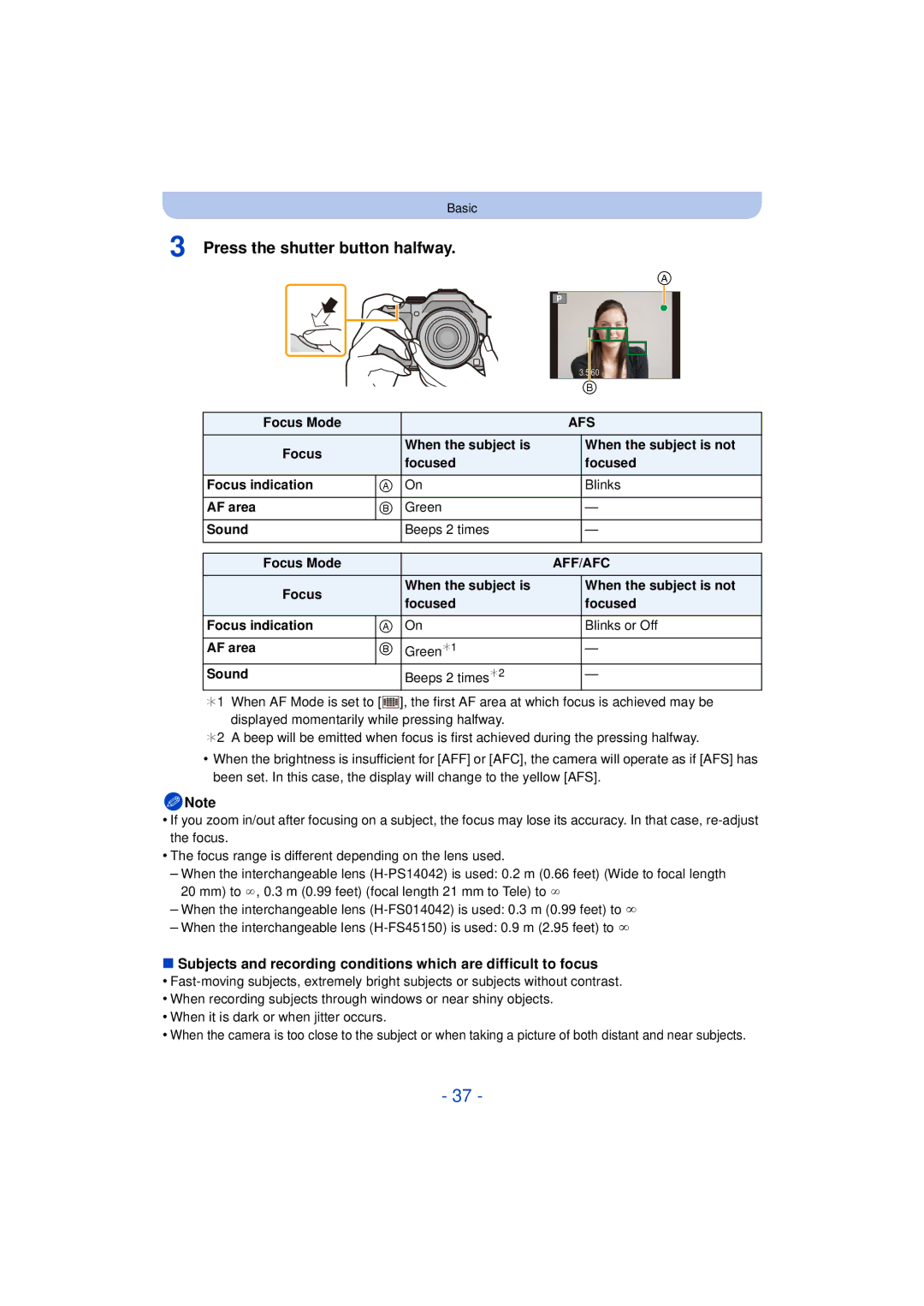 Panasonic F0612MC0, DMCG5KK, VQT4H13 owner manual Press the shutter button halfway, When the subject is 