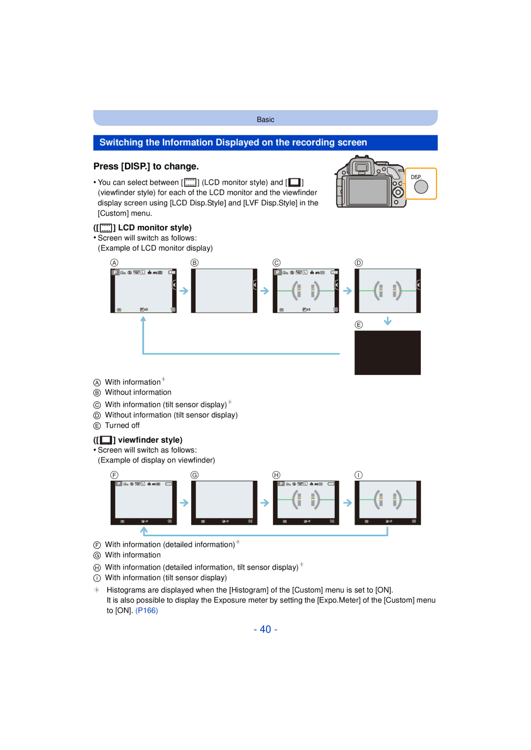 Panasonic F0612MC0 Switching the Information Displayed on the recording screen, Press DISP. to change, LCD monitor style 