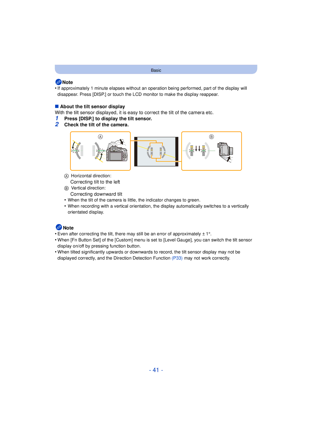 Panasonic VQT4H13, DMCG5KK, F0612MC0 About the tilt sensor display, Correcting tilt to the left, Correcting downward tilt 