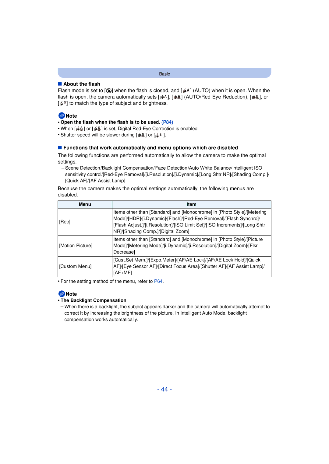 Panasonic VQT4H13, DMCG5KK About the flash, Open the flash when the flash is to be used. P84, Menu, Backlight Compensation 