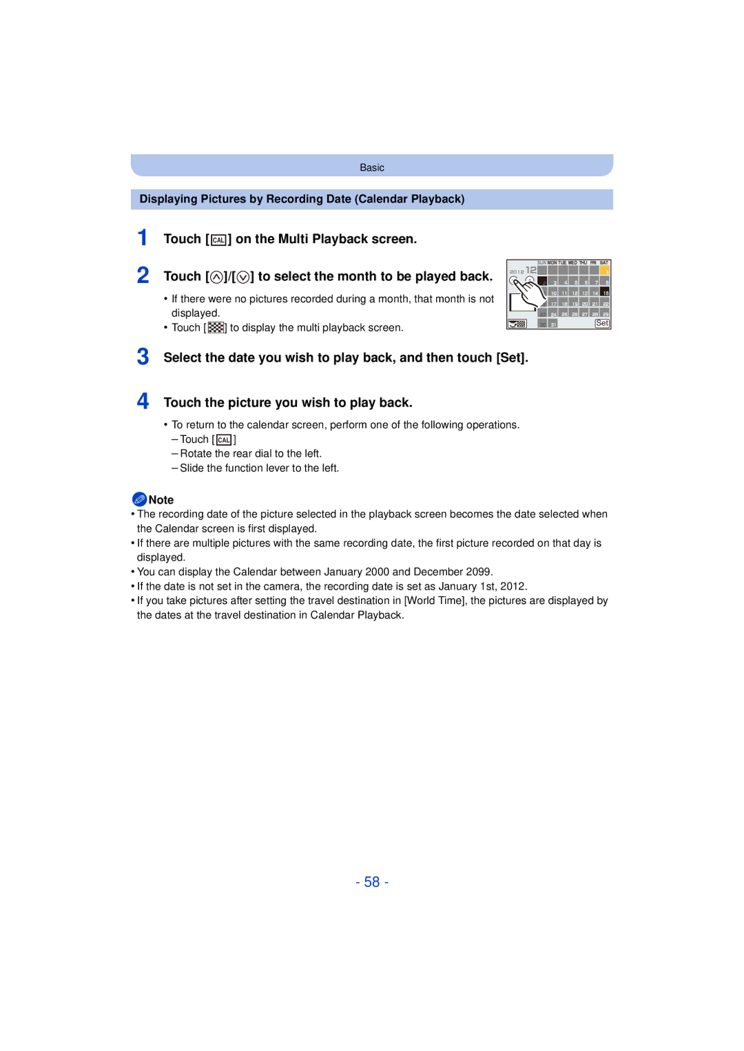 Panasonic F0612MC0, DMCG5KK, VQT4H13 owner manual Displaying Pictures by Recording Date Calendar Playback 