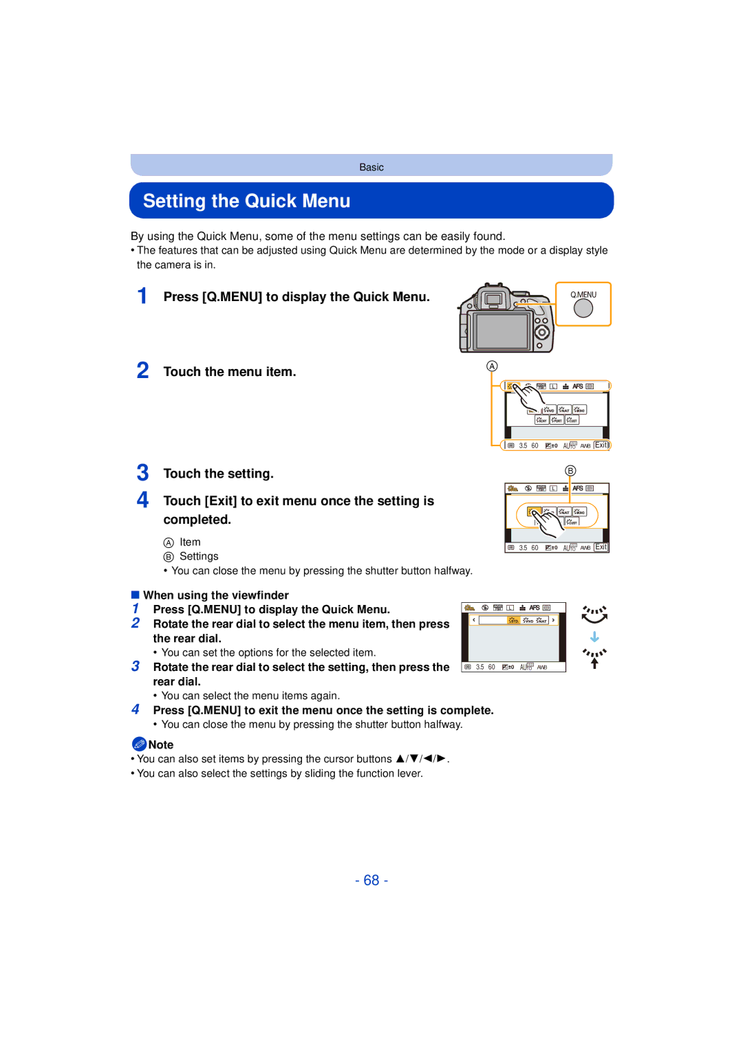 Panasonic VQT4H13, DMCG5KK, F0612MC0 owner manual Setting the Quick Menu, When using the viewfinder 