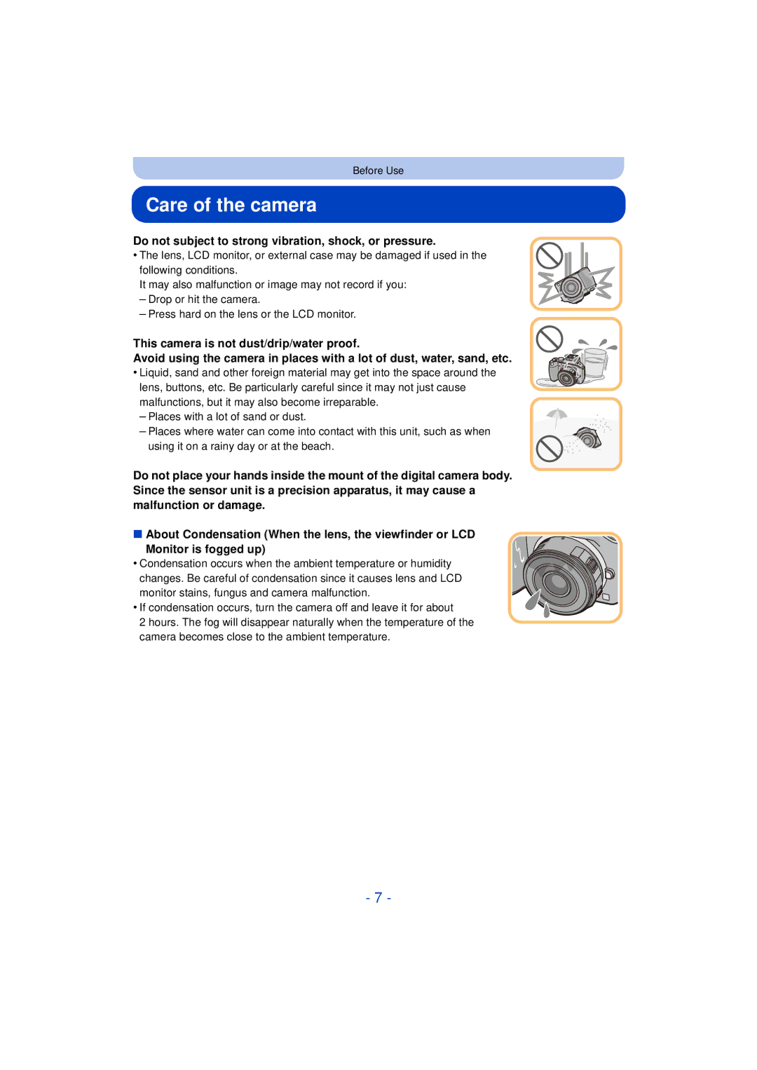 Panasonic F0612MC0, DMCG5KK, VQT4H13 owner manual Care of the camera, Do not subject to strong vibration, shock, or pressure 