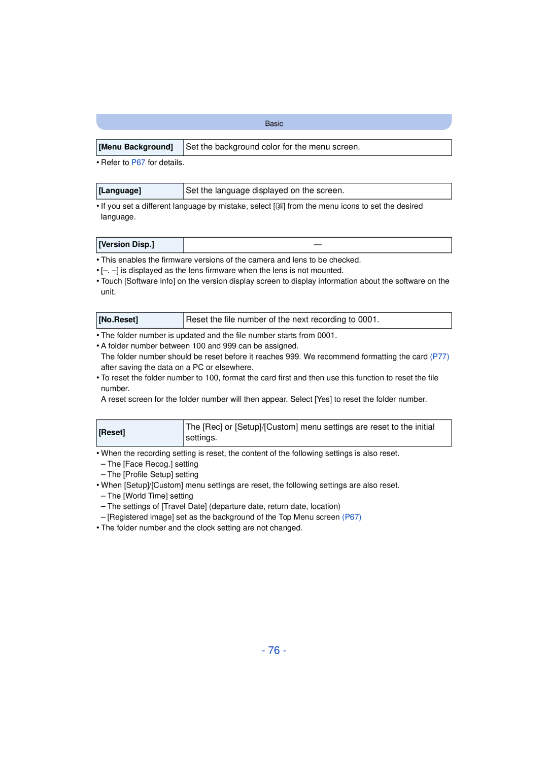 Panasonic F0612MC0, DMCG5KK Set the language displayed on the screen, Reset the file number of the next recording to 