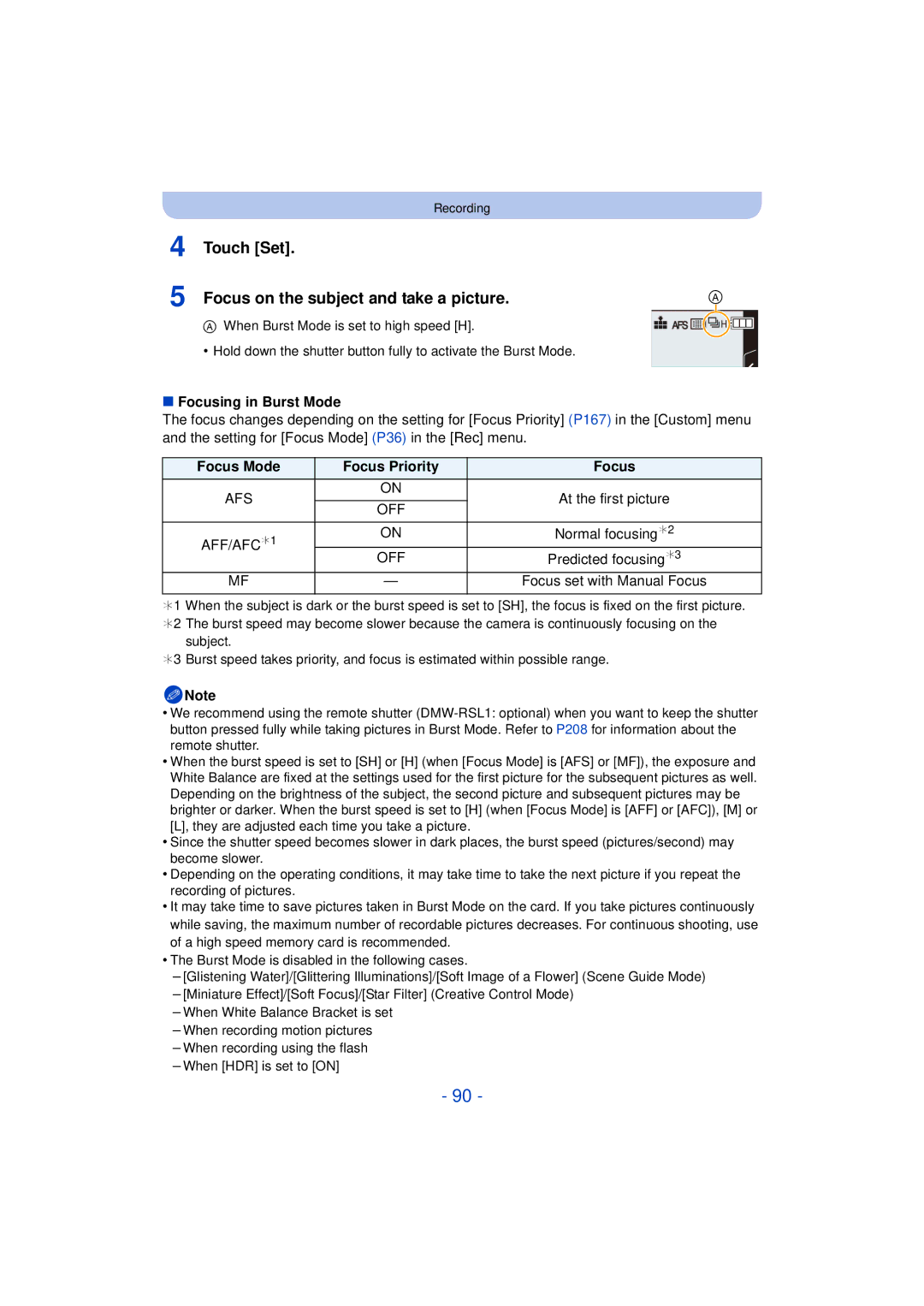 Panasonic DMCG5KK, F0612MC0 Focusing in Burst Mode, Focus Mode Focus Priority, Normal focusing¢2, Predicted focusing¢3 