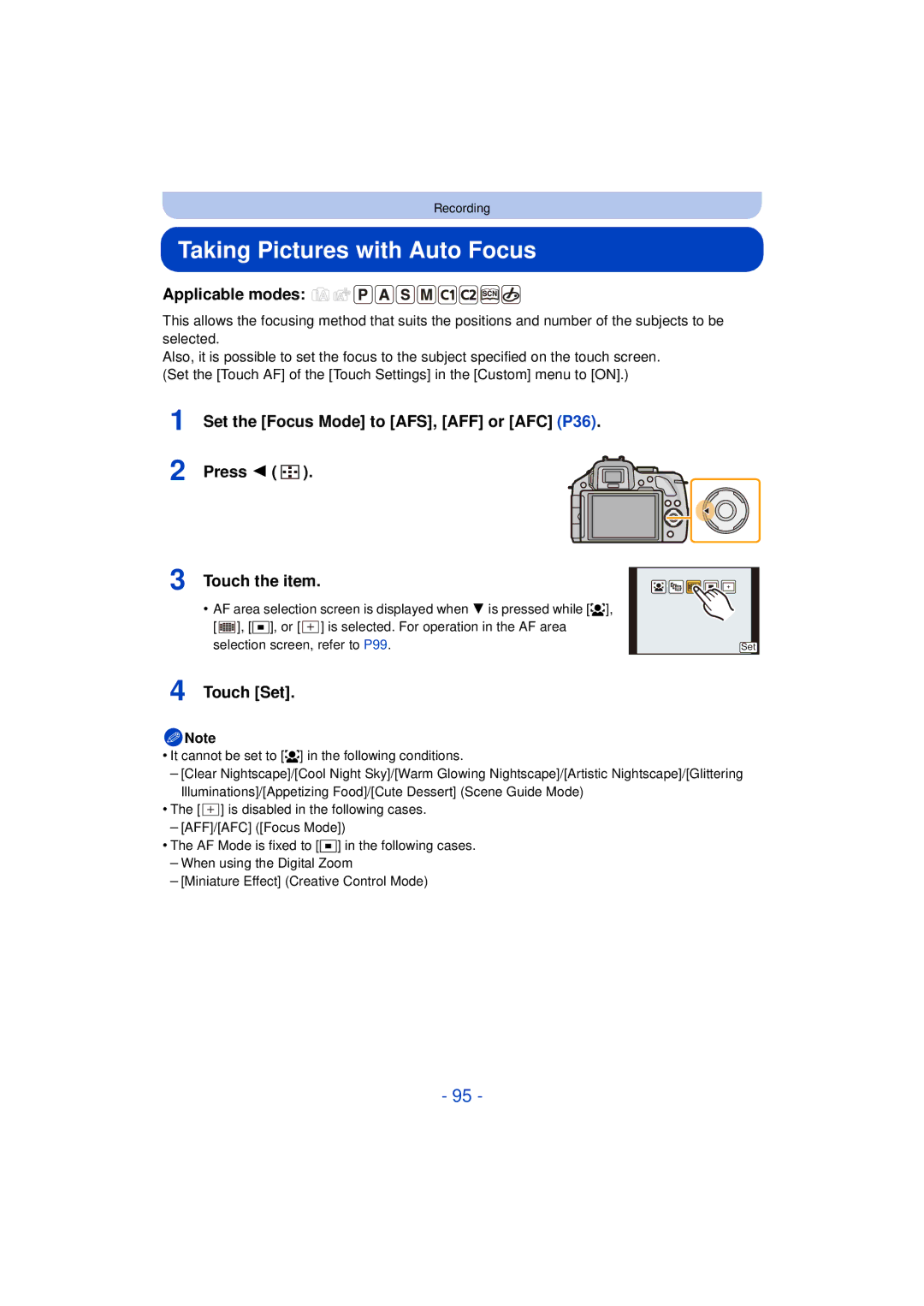 Panasonic VQT4H13, DMCG5KK, F0612MC0 owner manual Taking Pictures with Auto Focus, Set the Focus Mode to AFS, AFF or AFC P36 