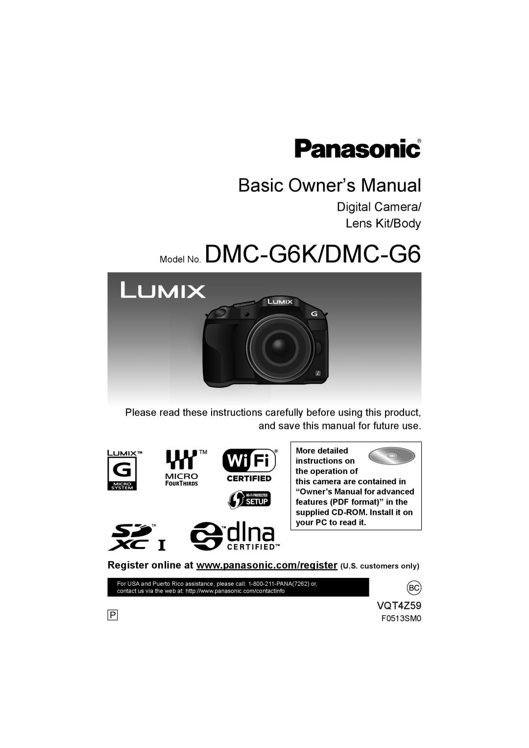 Panasonic DMCG6KK owner manual Model No. DMC-G6K/DMC-G6, F0513SM0 