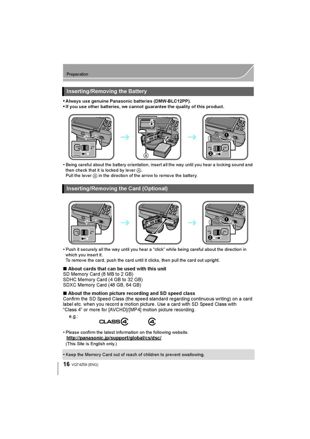 Panasonic DMC-G6K, DMCG6KK owner manual Inserting/Removing the Battery, Inserting/Removing the Card Optional 