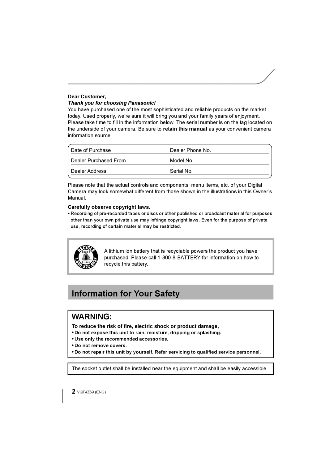 Panasonic DMCG6KK, DMC-G6K owner manual Information for Your Safety, Dear Customer, Carefully observe copyright laws 