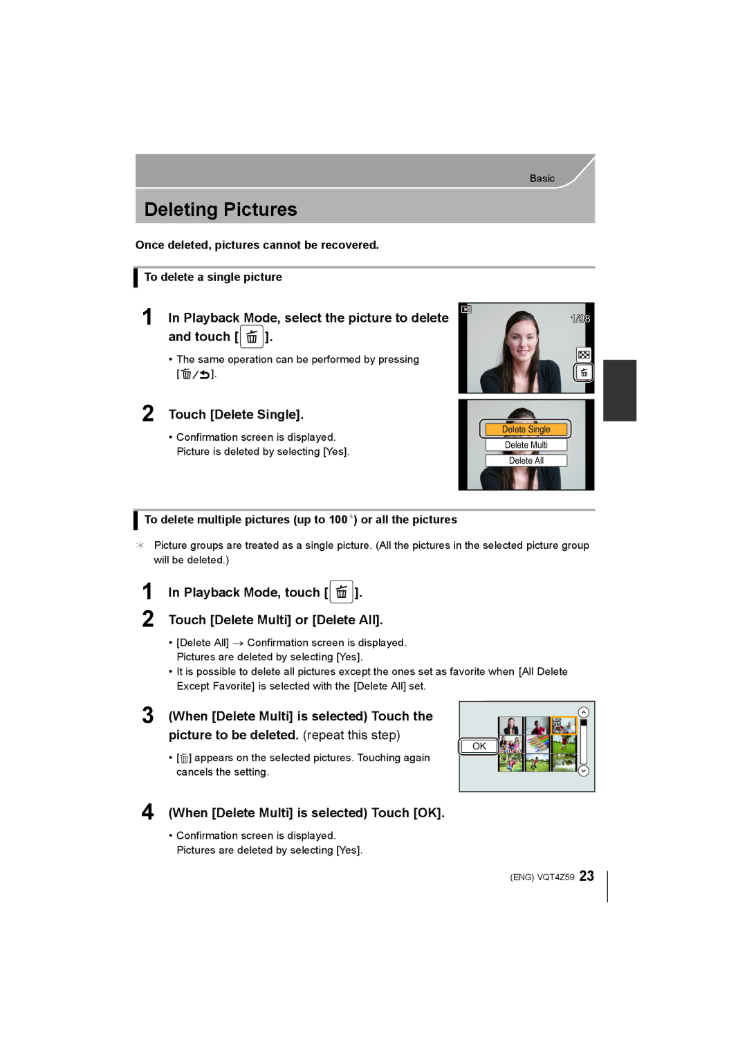 Panasonic DMC-G6, DMCG6KK Deleting Pictures, Playback Mode, select the picture to delete and touch, Touch Delete Single 