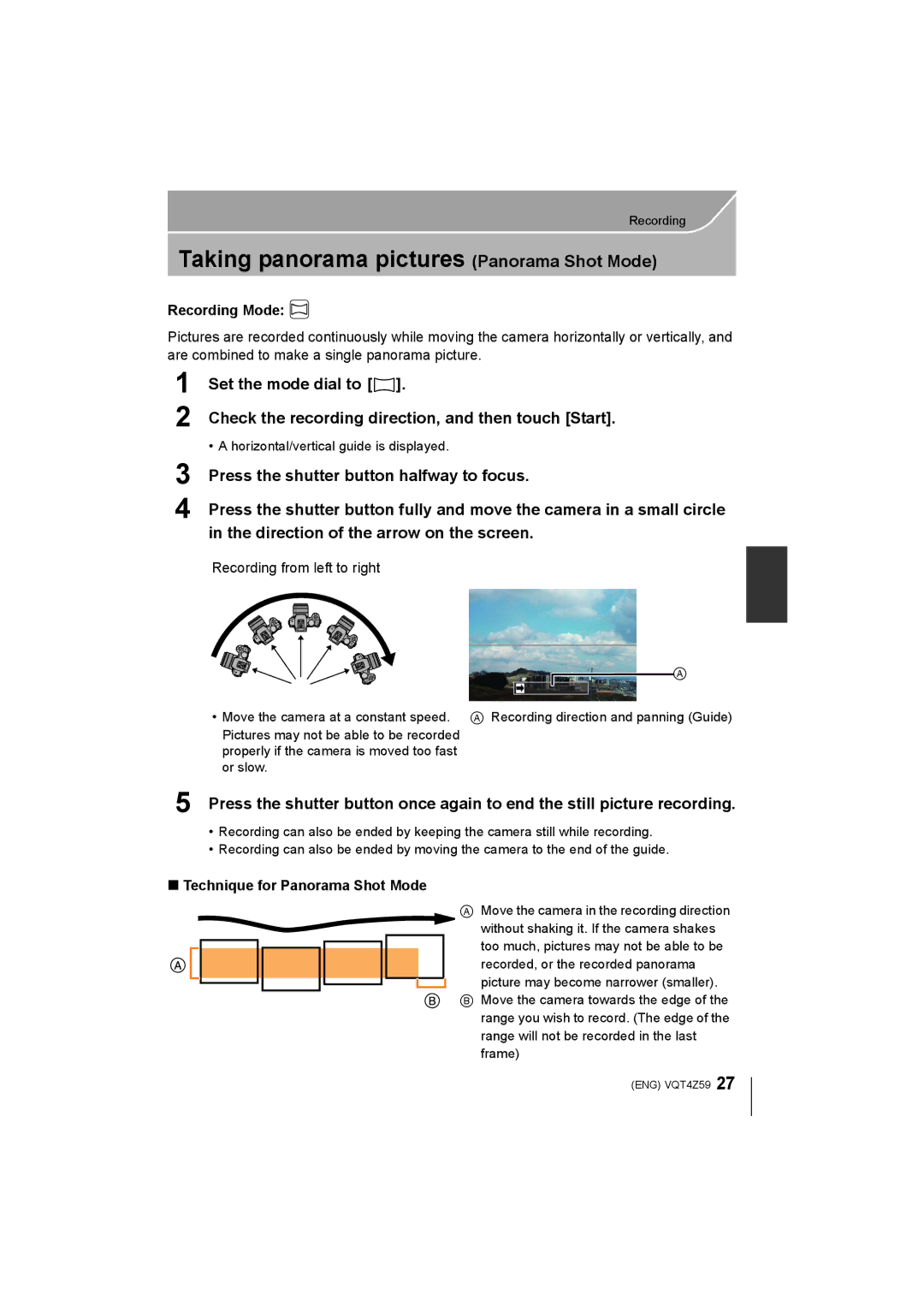 Panasonic DMCG6KK, DMC-G6K owner manual Taking panorama pictures Panorama Shot Mode, Recording from left to right 