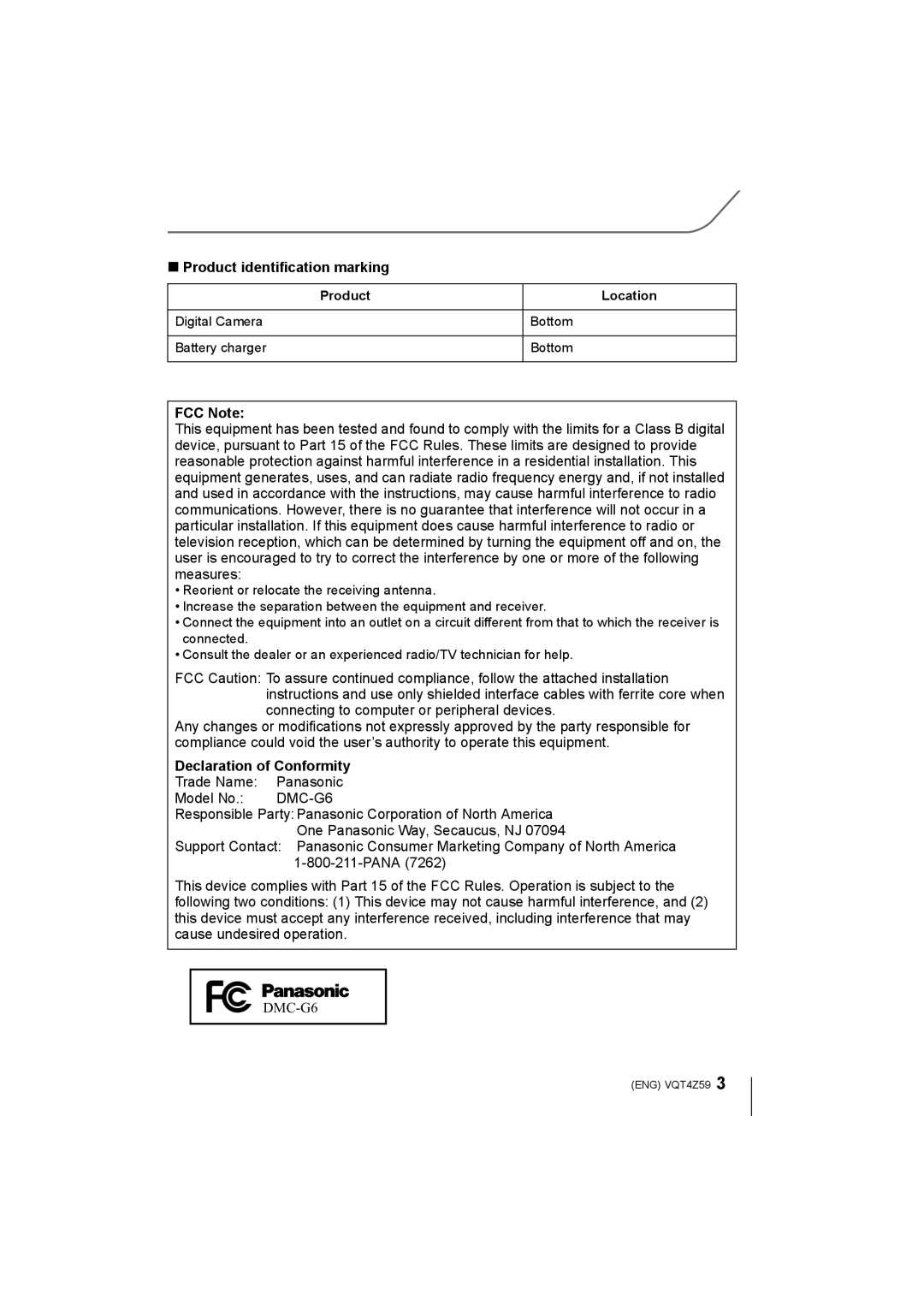 Panasonic DMCG6KK, DMC-G6K owner manual Product identification marking, FCC Note, Declaration of Conformity 