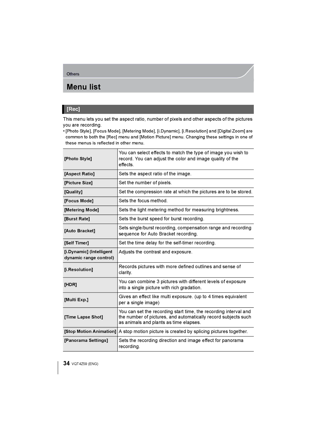 Panasonic DMC-G6K, DMCG6KK owner manual Menu list, Rec 