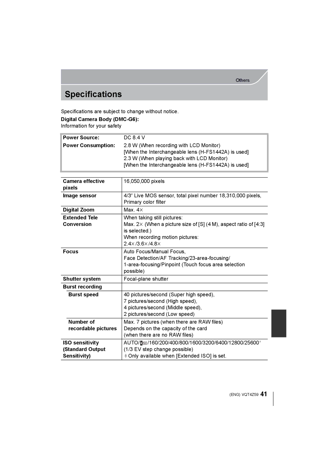 Panasonic DMCG6KK, DMC-G6K owner manual Specifications 