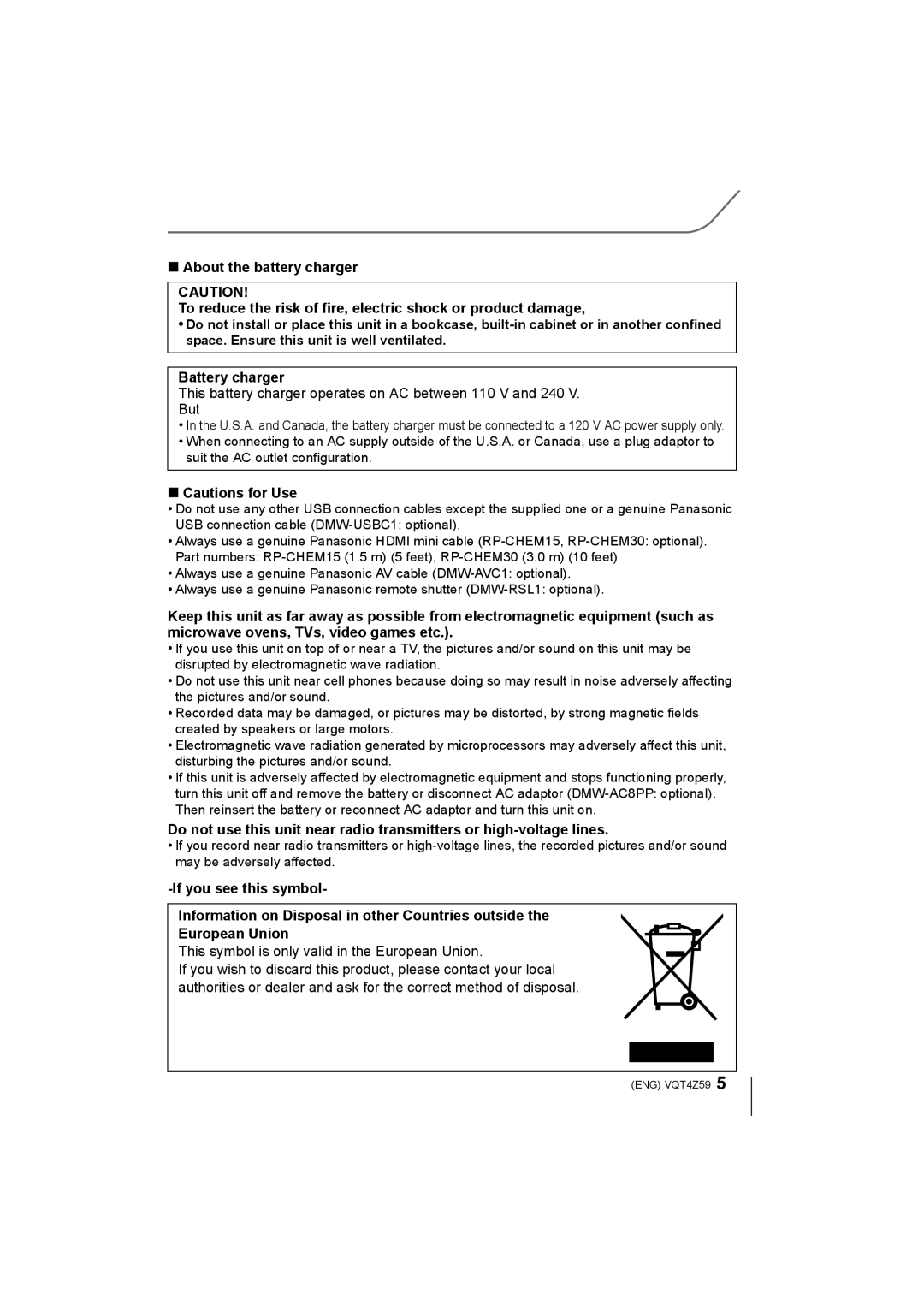 Panasonic DMCG6KK, DMC-G6K owner manual Battery charger, This symbol is only valid in the European Union 