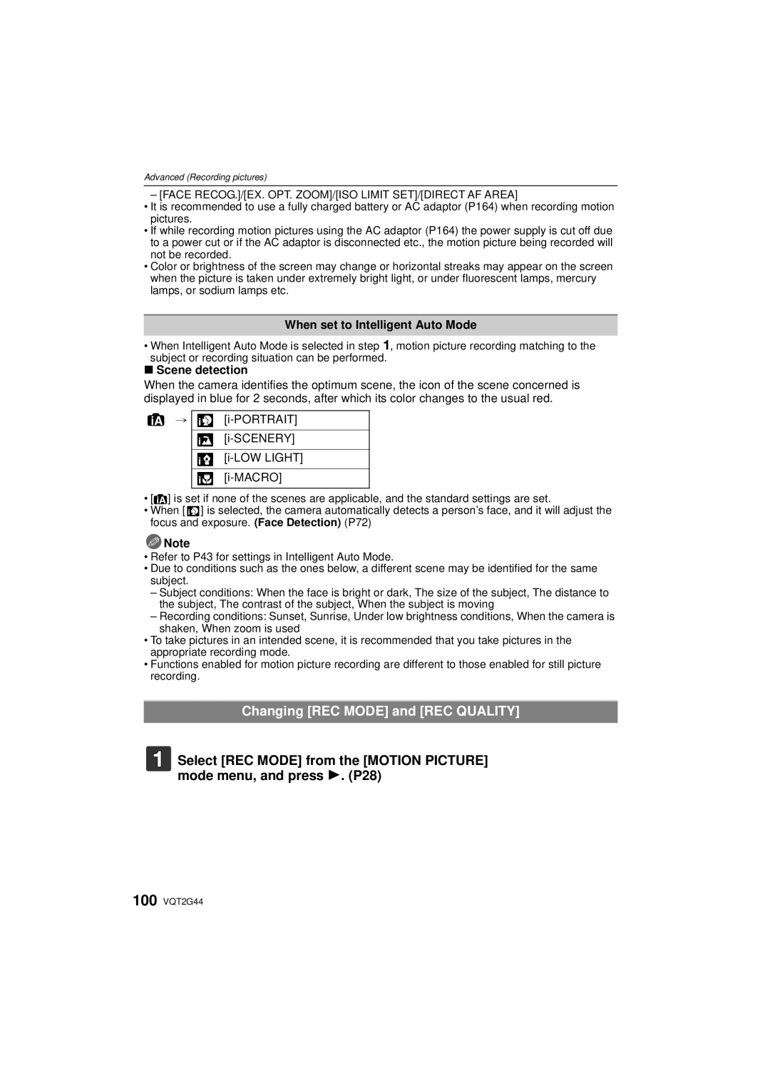 Panasonic DMCGF1KK, DMCGF1CK Changing REC Mode and REC Quality, When set to Intelligent Auto Mode, Scene detection 