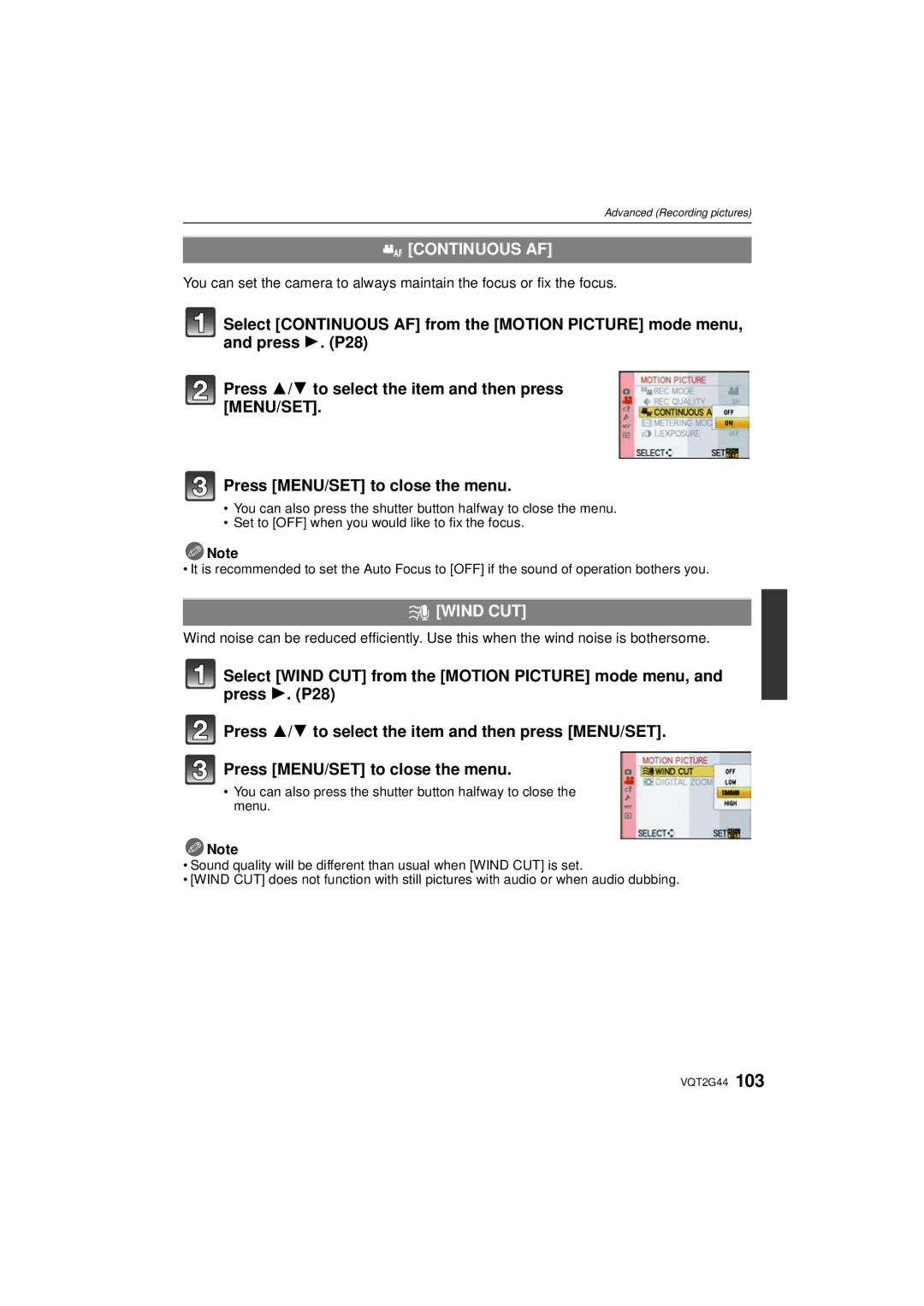 Panasonic DMCGF1KK, DMCGF1CK, DMC-GF1C operating instructions Continuous AF, Wind CUT 