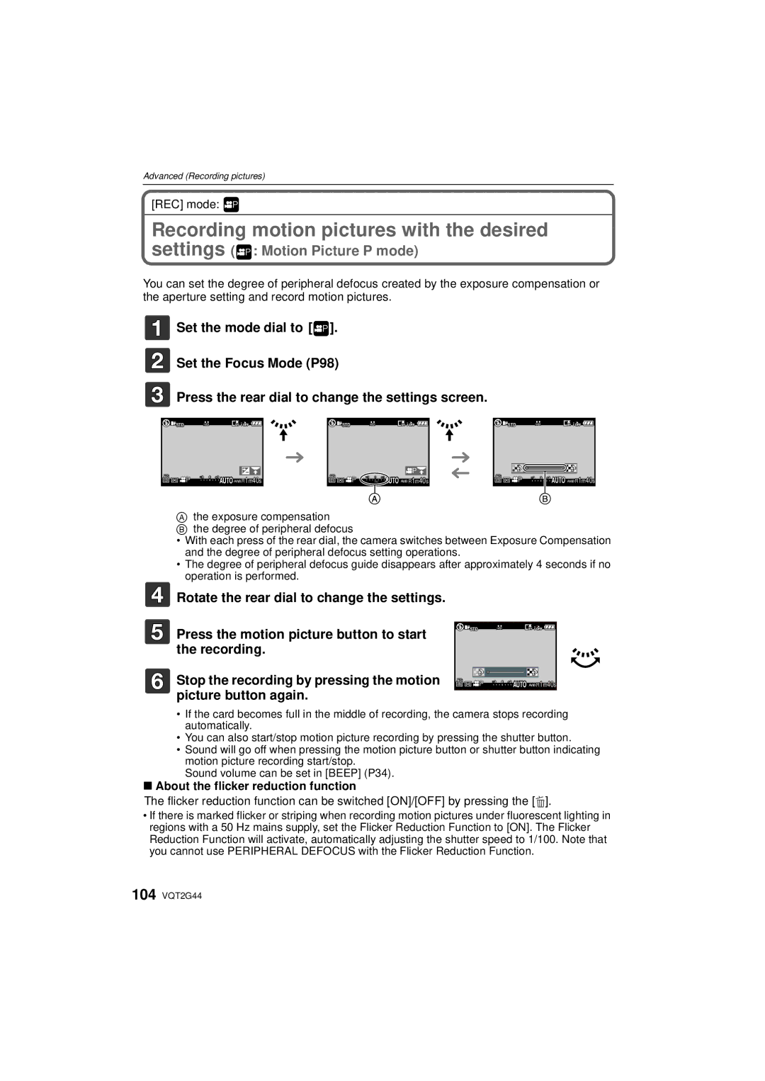 Panasonic DMC-GF1C Recording motion pictures with the desired, Recording Stop the recording by pressing the motion 