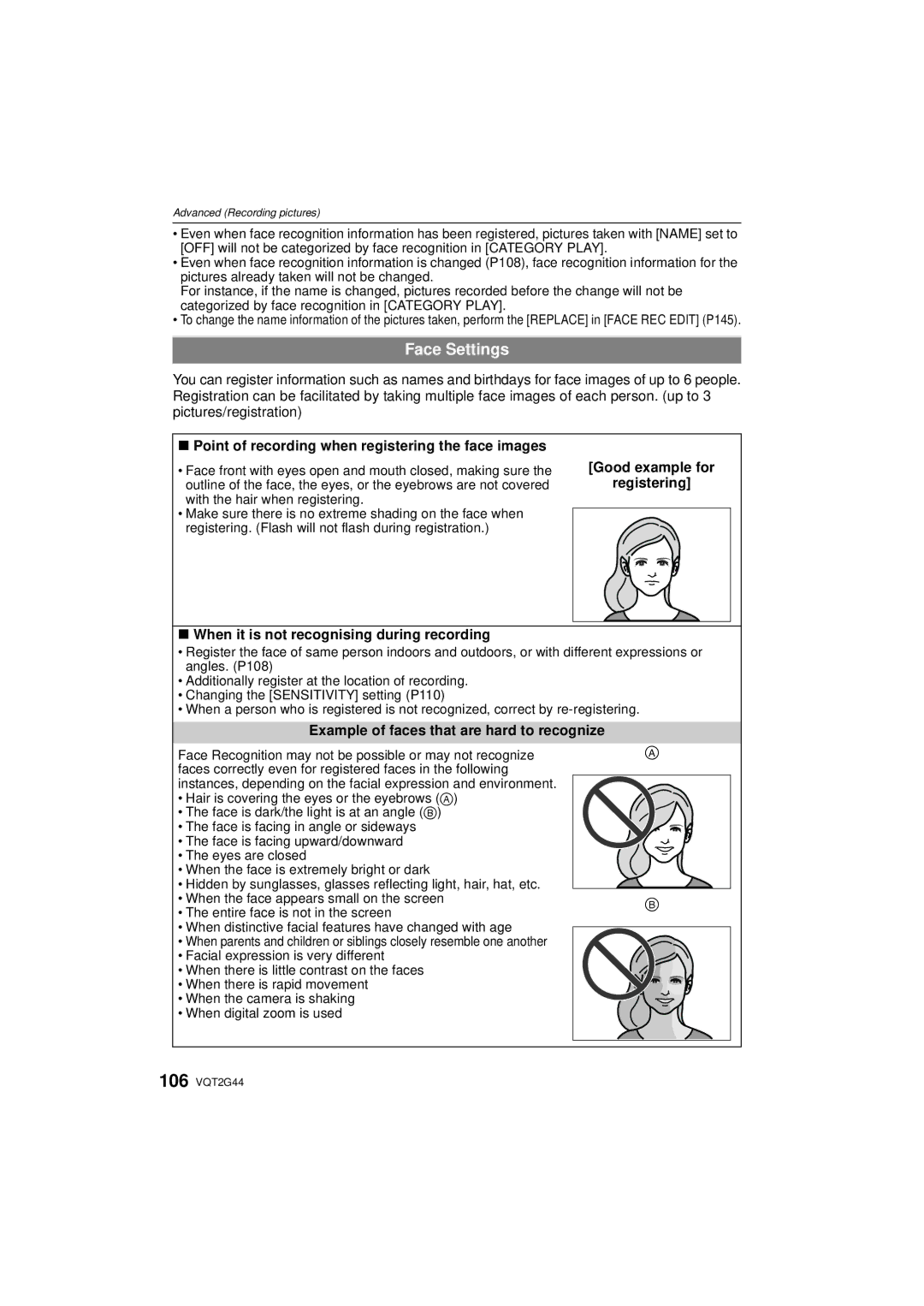 Panasonic DMCGF1KK, DMCGF1CK, DMC-GF1C Face Settings, Point of recording when registering the face images 