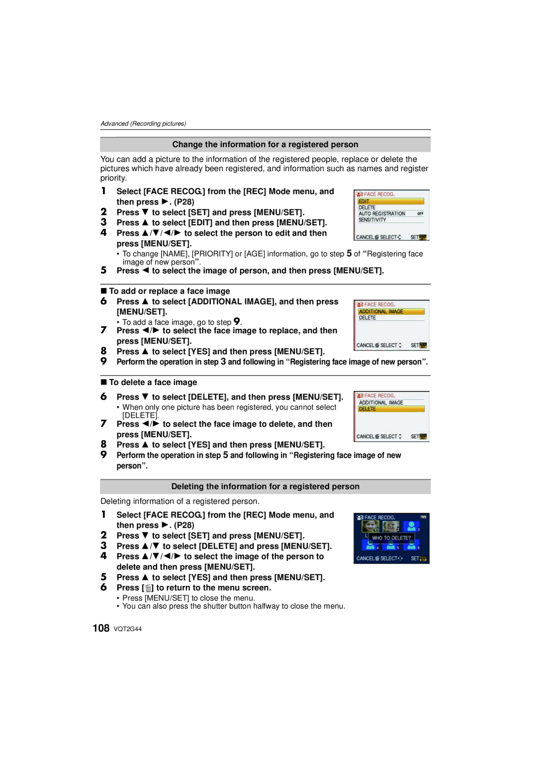 Panasonic DMCGF1CK, DMCGF1KK Change the information for a registered person, Deleting information of a registered person 