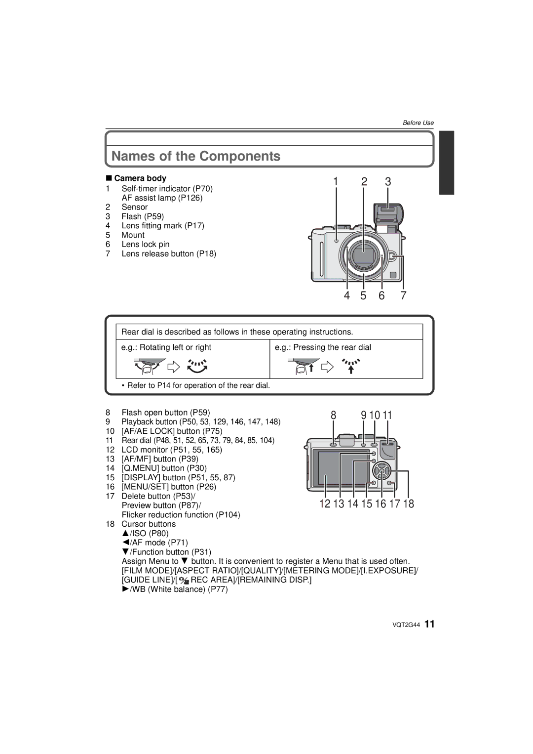 Panasonic DMC-GF1C, DMCGF1CK, DMCGF1KK Names of the Components, Camera body, Preview button P87, WB White balance P77 