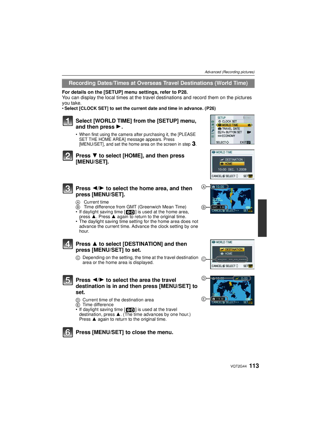 Panasonic DMC-GF1C, DMCGF1CK, DMCGF1KK operating instructions Select World Time from the Setup menu, and then press 